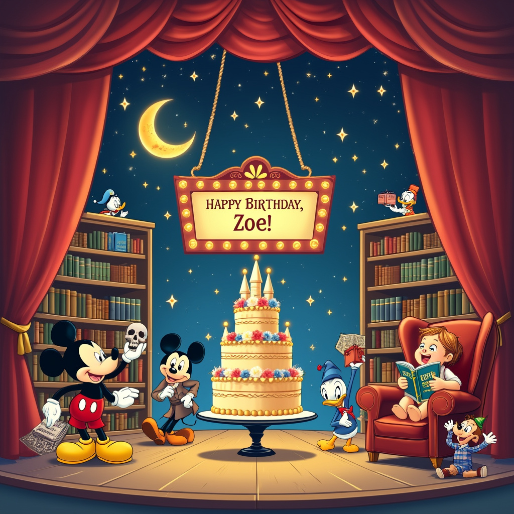 The front cover of the birthday greeting card features a lively, whimsical theatre stage as the central focus, styled with inspiration from classic Disney animations. The stage curtains are a rich, velvety red, adorned with twinkling golden stars, capturing a sense of grand, old-time theatre. 

Front and center on the stage is a multi-tiered, extravagant birthday cake resembling the enchanted castles from Disney fairy tales, complete with turrets and a drawbridge. The cake is topped with a marquee-style sign that reads "Happy Birthday, Zoe!" in glittering letters that light up.

To the left of the cake, a trio of beloved Disney characters, Mickey Mouse, Donald Duck, and Goofy, are performing a comedic skit. Mickey is dressed as Hamlet, holding a skull in one hand, while Donald is reading from a tiny book titled "The Best of Shakespeare," and Goofy is clumsily juggling a set of books with fairy tale titles like "Cinderella" and "Peter Pan".

On the right side of the stage, there's a cozy reading nook set up with an oversized, plush armchair and a tall bookshelf overflowing with classic books, both literature and Disney storybooks. Zoe, illustrated in a style reminiscent of Calvin and Hobbes, is sitting in the chair, laughing heartily with a comic book version of "Alice in Wonderland" in her hands.

Above the stage, a massive theatre marquee sign suspended by glittering ropes reads "The Amazing Adventures of Zoe!" in bright, colorful lights. The background of the stage shows a magical night sky, with a crescent moon shaped like a smile and stars that spell out "Zoe" subtly twinkling amongst the constellations.

Around the edges of the stage, characters from various books and Disney movies peek out: Winnie the Pooh with his honey pot, Astro Boy zipping around with a birthday hat on, and Tintin waving enthusiastically while holding a birthday present wrapped in comic-strip paper.

Every corner of the scene is filled with vibrant, detailed elements, from the theatre’s lush, carpeted floor to the intricate designs of the books on the shelves, creating a rich tapestry that celebrates theatre, books, Disney, and of course, Zoe’s special day.
Generated with these themes: Theatre, Books, Disney, and Cake.
Made with ❤️ by AI.