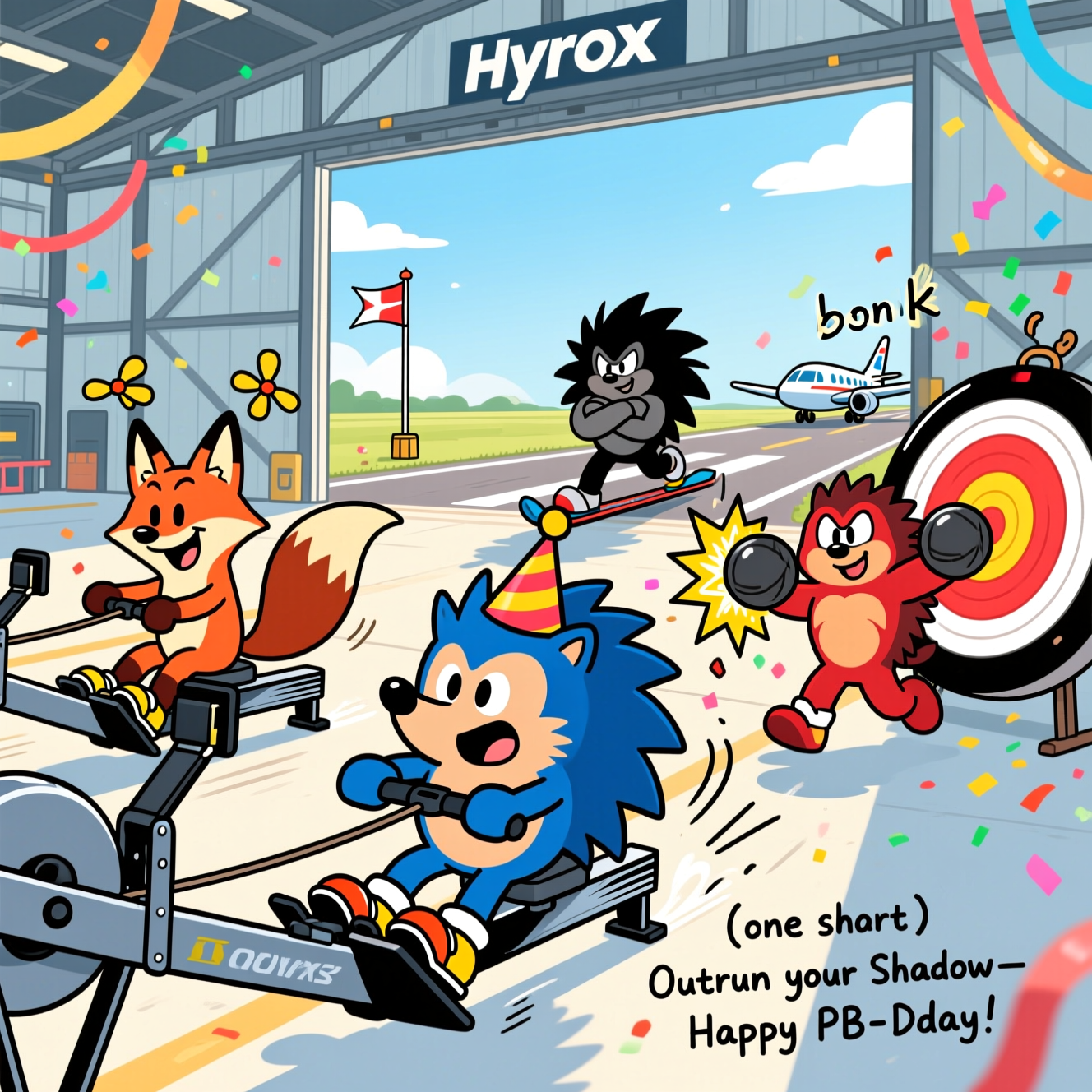 Playful cartoon scene inside a giant aircraft hangar on a sunny air field during a Hyrox competition. Exaggerated, chunky, cute characters with thick black outlines and bright saturated colors. Foreground: a Blue hedgehog in a party hat yanks a Ski erg with comical intensity, legs a blur and motion lines whipping by. Left midground: a clever Fox with 2 tails rows on a Rowing machine, twin tails spinning like little propellers, grinning. Right midground: Knuckles (red echidna powerhouse) hurls Wall balls at a big target, one ball ricocheting with a starburst “bonk” visual. Background: a Shadow black hedgehog rival at the lane start, arms crossed with a smirk, ready to sprint; open hangar doors reveal runway, windsock, and a tiny plane. Confetti, streamers, and cheeky birthday vibes sprinkled throughout. Dynamic wide-angle, low perspective, whimsical energetic poses, glossy highlights, simple clean backdrop areas. Small hand-lettered caption at the bottom (one short line): Outrun your Shadow—Happy PB‑day!
Generated with these themes: Blue hedgehog, Fox with 2 tails, Hyrox competition, Wall balls, Ski erg, Rowing machine, Hanger, Air field, Knuckles, Shadow black hedgehog, and .
Made with ❤️ by AI.
