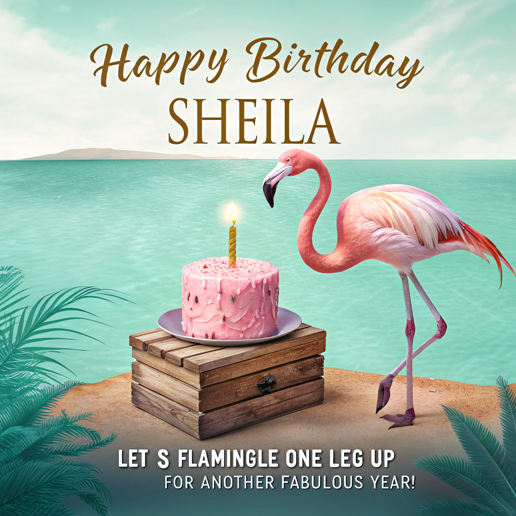 At the top of the Photorealistic picture taken from a camera image, "Happy Birthday Sheila"

At the bottom of the image, "Let’s flamingle—one leg up for another fabulous year!"

Ultra-high-definition 4K UHD, true-to-life camera photograph: vertical portrait of a real flamingo standing elegantly on one leg beside a small pastel-pink birthday cake with a single lit gold candle, set on a rustic wooden crate at the edge of a turquoise lagoon. The flamingo’s neck gently curves as if framing the candle; it wears a tiny confetti-dotted party hat tilted playfully. Golden-hour sunlight creates soft rim light on the feathers and warm reflections on the water; creamy bokeh of palm fronds and pastel balloons fills the background. A sprinkle of paper confetti and a satin ribbon in the foreground add depth. Color palette: blush pink, coral, mint, and soft gold; cute, joyful mood. Leave clean negative space at the top and a soft vignette at the bottom for text; top text in hand-lettered brush script in flamingo pink with a subtle white stroke, bottom text in crisp white sans-serif. Shot on an 85mm prime at f/2.0 with shallow depth of field—tack-sharp on the flamingo’s eye and cake, background tastefully blurred, lifelike textures and accurate lighting.
Generated with these themes: Flamingo, and .
Made with ❤️ by AI.