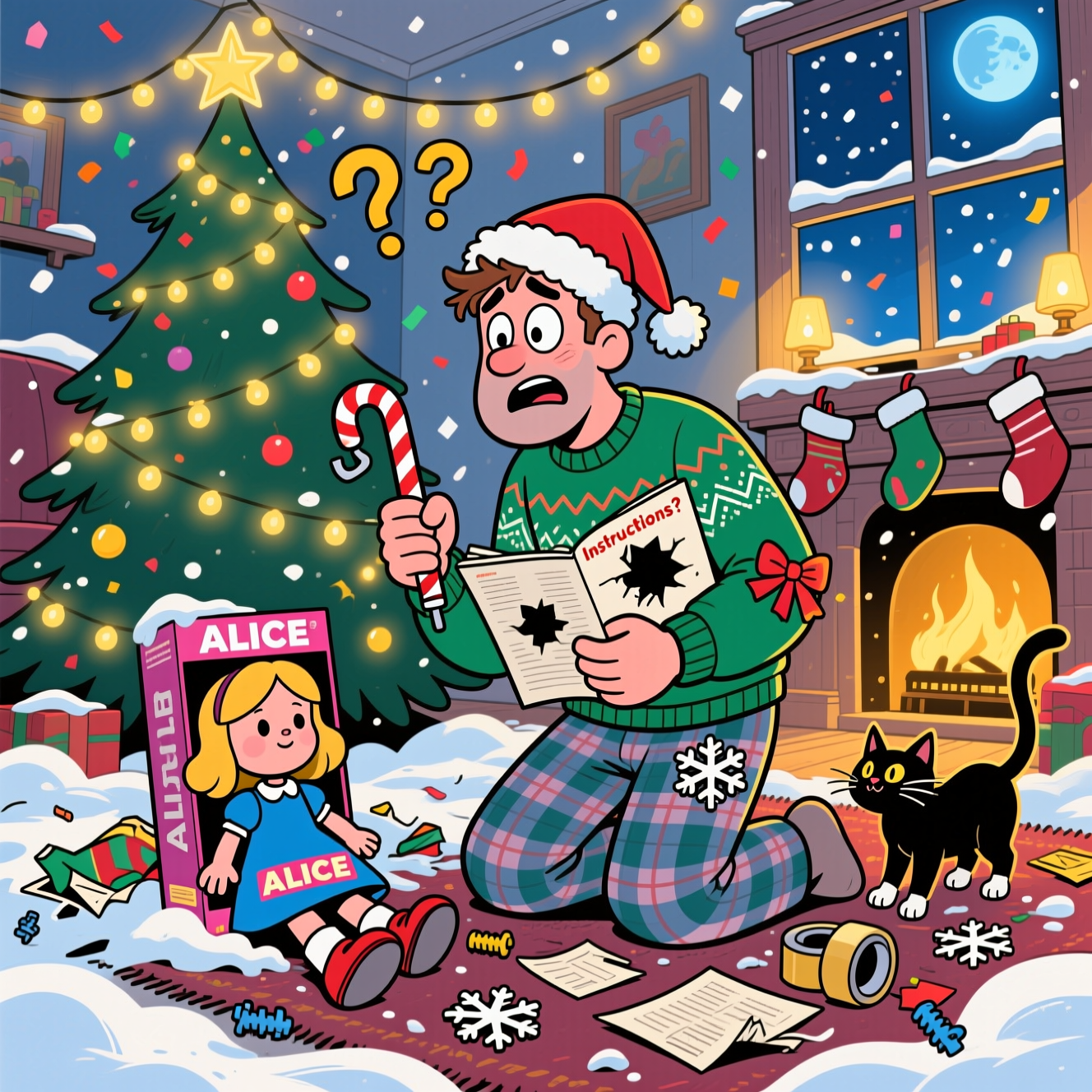 Funny, cartoon Christmas scene in a cozy living room: Eddie (wide-eyed, frazzled, adorable adult in an ugly Christmas sweater, plaid pajama pants, Santa hat askew) kneels in a snowdrift of torn wrapping paper under a twinkling tree. He clutches a candy cane like a screwdriver in one hand and a shredded instruction booklet in the other, with a big hole through the middle labeled “Instructions?” String lights above him curl into question marks. In front of him, a cute, clearly misassembled “ALICE” doll (name visible on the box) sits with her head on sideways, one leg where an arm should be, shoe on a hand, bow crooked—silly and sweet, not creepy. A mischievous cat bats at the missing instruction pages while a roll of tape is stuck to Eddie’s elbow; leftover snowflake-shaped screws sparkle on the rug. Background: glowing Christmas tree, stockings on the mantle, snow falling beyond a window; warm golden lights contrasted with cool blue moonlight, confetti-like sparkles. Style: playful cartoon, thick black outlines, exaggerated proportions, bold saturated colors, whimsical energy, squash-and-stretch poses, clean vector-style shading, high contrast and crisp edges. Composition: portrait, full-bleed, large central image, dynamic perspective from low angle.

Include one playful on-image caption on a festive ribbon at the bottom (single line):
“Alice in Blunderland—Eddie lost the instructions.”
Generated with these themes: Eddie lost the instructions for his Alice doll, and .
Made with ❤️ by AI.