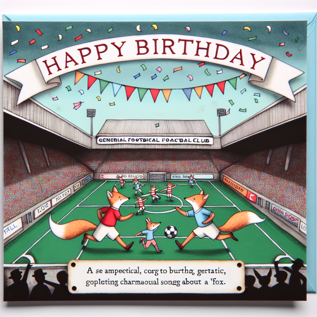 A whimsical birthday card showcasing a generic football club's stadium brimming with characters inspired by lyrics from popular folk-style songs. A fluttering banner above proclaims 'Happy Birthday,' while charming foxes engage in a lively match of football on the pitch. This scene, a nod to an allegorical song about a 'Fox', is neatly framed by a festive confetti border in various colors.
Generated with these themes: Leyton Orient, Frank Turner.
Made with ❤️ by AI.