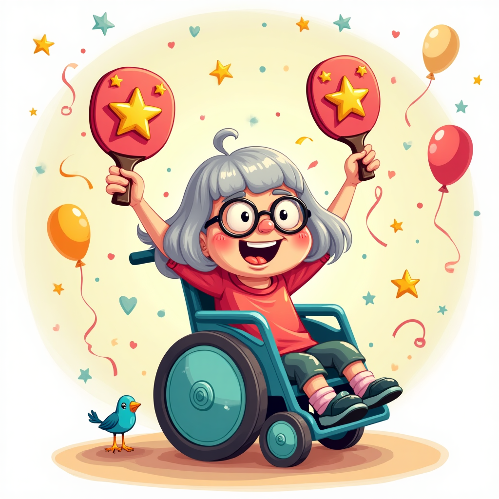 Playful cartoon, cute mood, thick outlines, bright saturated colors. Center a friendly little old lady with grey bobbed hair and big round glasses, in a shiny teal wheelchair decorated with heart and star stickers. Exaggerated proportions (big head, big eyes, tiny hands), rosy cheeks, joyful grin. She strikes an energetic pose, holding two paddle scorecards high above her head; each card shows a big gold star (no text on the cards). Confetti, streamers, and sparkles swirl; a tiny bluebird perches on the wheelchair handle holding a mini star card. Background: soft pastel gradient with a subtle sunburst, floating balloons, and a clean floor with a soft shadow under the wheels. Cheerful cel-shaded lighting, thick black outlines, super cute and whimsical.

Text on image (one short line, playful hand-lettered bubble font near bottom center): On a scale of 1 to bye, you’re a 10!

Composition: full-bleed vertical, character large and centered, dynamic motion lines, no extra text or logos.
Generated with these themes: Friendly little old lady, grey bobbed hair. wheelchair, holding scorecards up, and .
Made with ❤️ by AI.