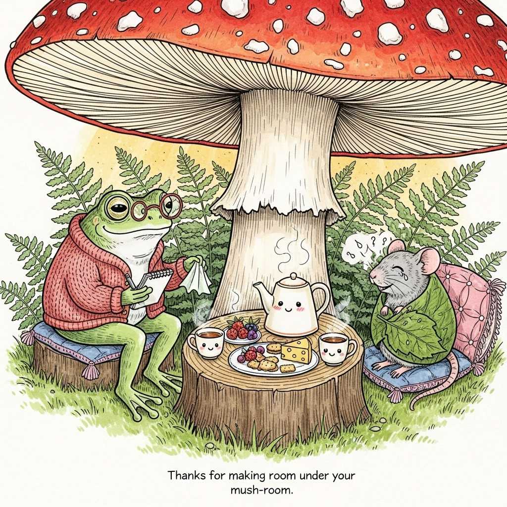 Rat, Frog, Mushroom, Therapy, Giggling , Snacks , Crying , and Thank-you Card