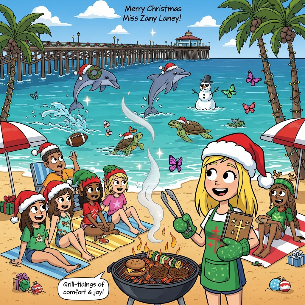 At the top of the Cartoon Style image, Merry Christmas Miss Zany Laney!

Funny, playful Cartoon Style beach Christmas at Oceanside, California, with the long wooden pier wrapped in twinkle lights and wreaths. Foreground: a cheerful blonde 12-year-old girl in a Santa hat and festive apron, safely grilling burgers and veggie skewers on a small beach grill (tongs and oven mitt), while warmly gesturing as if sharing a joyful message; an open little book with a small star/cross icon tucked under her arm. A small semicircle of teens sits on colorful beach towels listening and smiling, wearing beachy outfits with holiday accessories (Santa hats, elf beanies, ugly-sweater tees), diverse and expressive. To one side, a couple of girls toss a football mid-air with goofy motion lines and exaggerated poses.

Midground: sparkling turquoise surf where playful dolphins leap and a couple of sea turtles bob, each with charming holiday touches (tiny wreaths or Santa hats). Bright butterflies flutter here and there with sparkly trails.

Background: Oceanside Pier stretching into the ocean, palm trees wrapped in lights, a sand snowman in sunglasses near the grill, candy-cane striped beach umbrellas, and a few ornaments and gift boxes tastefully dotted on the sand.

Style: bold thick outlines, exaggerated proportions, bright saturated colors, whimsical, energetic poses, simple cel shading, glossy highlights, comedic sight gags and photobombing wildlife; full-bleed portrait composition, sunny SoCal holiday vibe.

Place one small cheeky caption near the bottom (or swirling up from the grill smoke) in playful hand-lettering: Grill-tidings of comfort & joy!

Family-friendly, wholesome, no other text.
Generated with these themes: .
Made with ❤️ by AI.