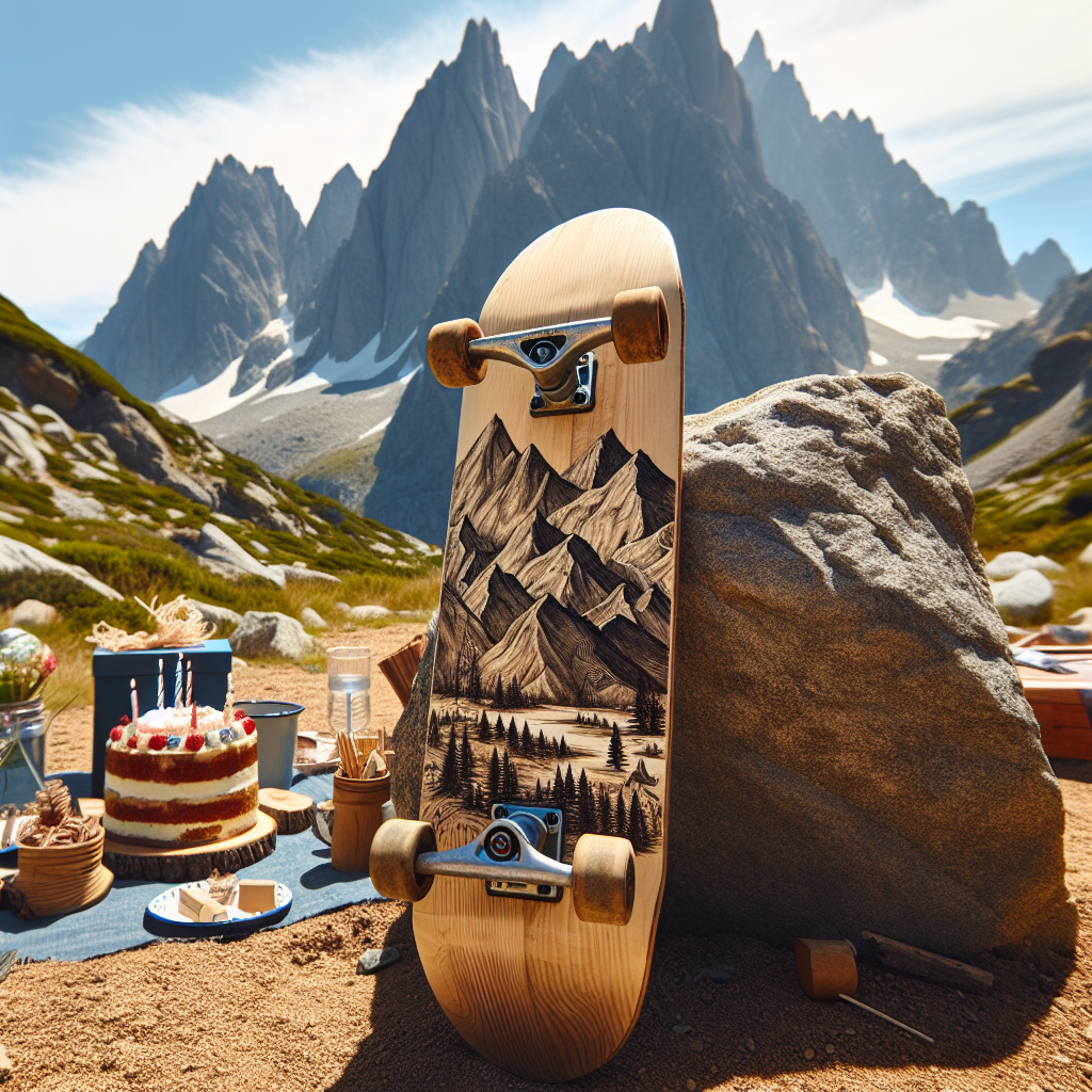 Create a detailed image of a rustic and realistic birthday celebration outdoors, taking place at the base of magnificent mountains. A skateboard beautifully adorned with drawings of mountains leans against a sturdy rock, symbolizing stability and familial bond. This setup should be under a clear blue sky, exuding tranquility and serenity. The scene also includes a lovingly prepared picnic with elements such as a birthday cake, presents, and decorations. This entire setup reflects the adventurous character of a Hispanic father celebrating his 40th birthday and his deep love for nature and outdoor activities.
Generated with these themes: Skateboard, Dad, 40, and Mountains.
Made with ❤️ by AI.