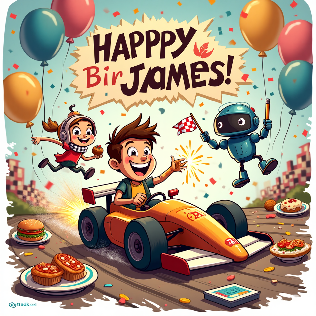 At the top of the Cartoon Style image, “Happy Birthday James” in big, bubbly, bold lettering.

Playful cartoon scene with exaggerated proportions, thick outlines, and bright, saturated colors: In the center, a gleeful James zips past on a tiny Formula One-style race car that’s actually a frosted birthday cake on wheels, sparklers puffing candy-colored exhaust. Beside him, Fiancé Jenny bursts into frame in an energetic, whimsical pose, an engagement ring sparkling as she waves a checkered flag; she sports a white–blue–yellow scarf and holds a football to nod to the Leeds football club. Cat Peter, wide-eyed and mischievous, clings to the car’s rear wing in a miniature racing helmet, one paw swiping a flying cupcake. A friendly AI robot designer hovers to the side with a stylus and a pen-display tablet, “designing” the party live: floating UI-style panels show goofy icons (blueprints, paint swatches, a trophy, slices of pizza) while the bot pipes icing onto snacks with precision. The background is a joyful whirlwind of creative chaos—sketch pads, color swatches, and sticky notes whirling with balloons, confetti, and streamers; a scarf-colored mini racetrack loops through plates of burgers, pizza, cupcakes, and Yorkshire puds; checkered balloons and football-patterned bunting crisscross overhead. Big smiles, bouncy motion lines, and chunky shadows sell the comedic, high-energy vibe.

Add a single cheeky caption near the bottom on a small ribbon: “Fueled by snacks, powered by AI!”
Generated with these themes: Fiancé Jenny, Cat Peter, AI, designing, food, Leeds football club, Formula one, and .
Made with ❤️ by AI.