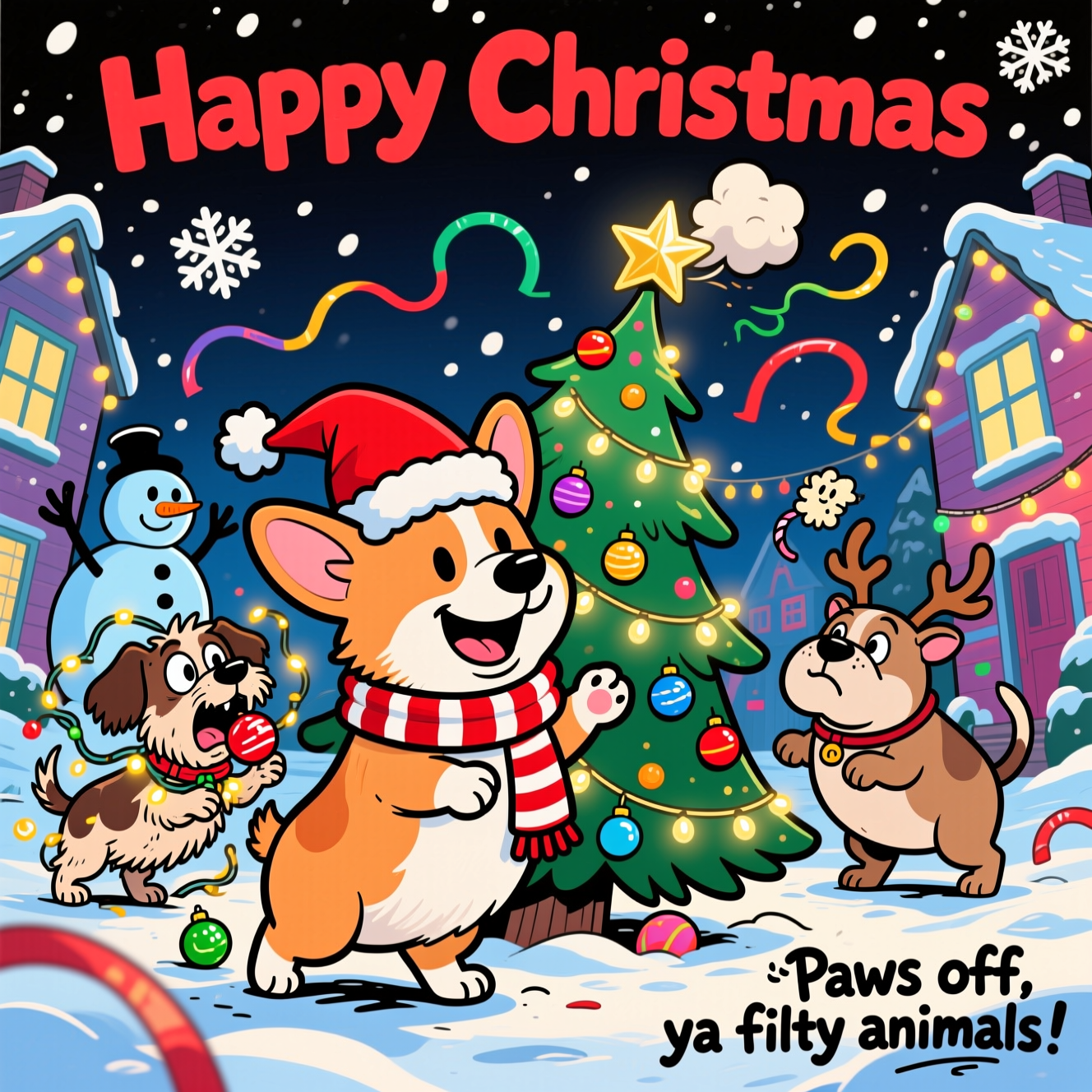 At the top of the Cartoon Style image, Happy Christmas 

A bold, playful, rude-spirited Christmas cartoon scene of mischievous dogs causing holiday chaos in a snowy neighborhood at night. Exaggerated, chunky proportions, thick black outlines, bright saturated reds, greens, icy blues, and golds; clean cel-shading and bouncy, energetic poses.

Foreground center: a cheeky corgi in an oversized Santa hat and candy-cane scarf, smirking with one hind leg cocked at the base of a glittering Christmas tree—ornaments wobbling, lights twinkling. Left: a scruffy terrier tangled in glowing fairy lights, mid-chomp on a bauble, eyes wide with naughty delight. Right: a squat bulldog in reindeer antlers, tail up, releasing a tiny comic puff that tilts the star on the tree askew—naughty but playful, not graphic. Background: shocked snowman with raised twig arms, colorful houses strung with lights, big fluffy snowflakes drifting, swoopy arcs of tinsel adding motion. Low-angle composition so the dogs feel larger than life, with dynamic curves, crisp winter rim light, and a loud, irreverent festive mood.

At the bottom right in small graffiti-style lettering, Paws off, ya filthy animals!
Generated with these themes: Dogs, and .
Made with ❤️ by AI.