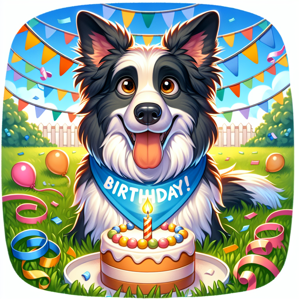 Create a detailed cartoon illustration of a heartwarming birthday scene. The subject of the scene is an adult Border Collie dog with a striking black and white coat, and warm brown eyes that express excitement. The dog is positioned on a lush green lawn that is adorned with whimsical birthday decorations such as multi-colored banners and a giant cake with a single, flickering candle. Around the dog's neck, there's a blue birthday bandana. The overall atmosphere conveys joy and anticipation, as if laughter is just about to fill the air at the onset of the birthday festivities.
.
Made with ❤️ by AI.