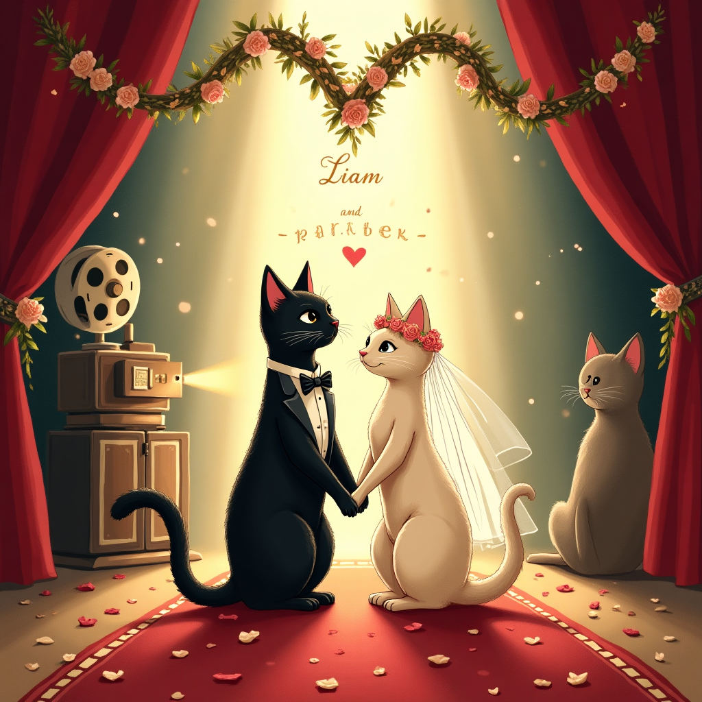 At the top of the Illustration Style image, “Liam and Amber” hand-lettered like a classic movie title in soft gold ink with a gentle glow and subtle star accents.

Romantic, hand-drawn illustration with fine linework and textured brush strokes: a vintage cinema transformed into a wedding scene. Center stage, two elegant cats stand paw-in-paw beneath an arch woven from looping film strips and white roses that form a soft heart shape. The groom is a tuxedo cat in a neat bow tie with a tiny rose boutonnière; the bride is a cream cat with a delicate lace veil and a blush-rose flower crown, their whiskers and fur detailed with fine ink lines. Red velvet curtains, edged with tiny marquee bulbs, frame the composition symmetrically while a warm projector beam spills golden light across the couple, creating heart-shaped bokeh in the air. A classic reel-to-reel projector glows at one side; curled film ribbons and petal confetti drift along a plush red “premiere” carpet. Subtle silhouettes of seated cat guests fade into the background, keeping the focus on the couple. Color palette: blush, champagne, soft gold, ivory, rose, and deep velvet burgundy with hints of midnight teal. Balanced composition, gentle paper grain texture, soft vignette, and expressive, warm highlights for an intimate, cinematic mood.

At the bottom in a small, playful line of text: “Now Showing: Purrfect Ever After.”
Generated with these themes: Cats, Movies , and .
Made with ❤️ by AI.