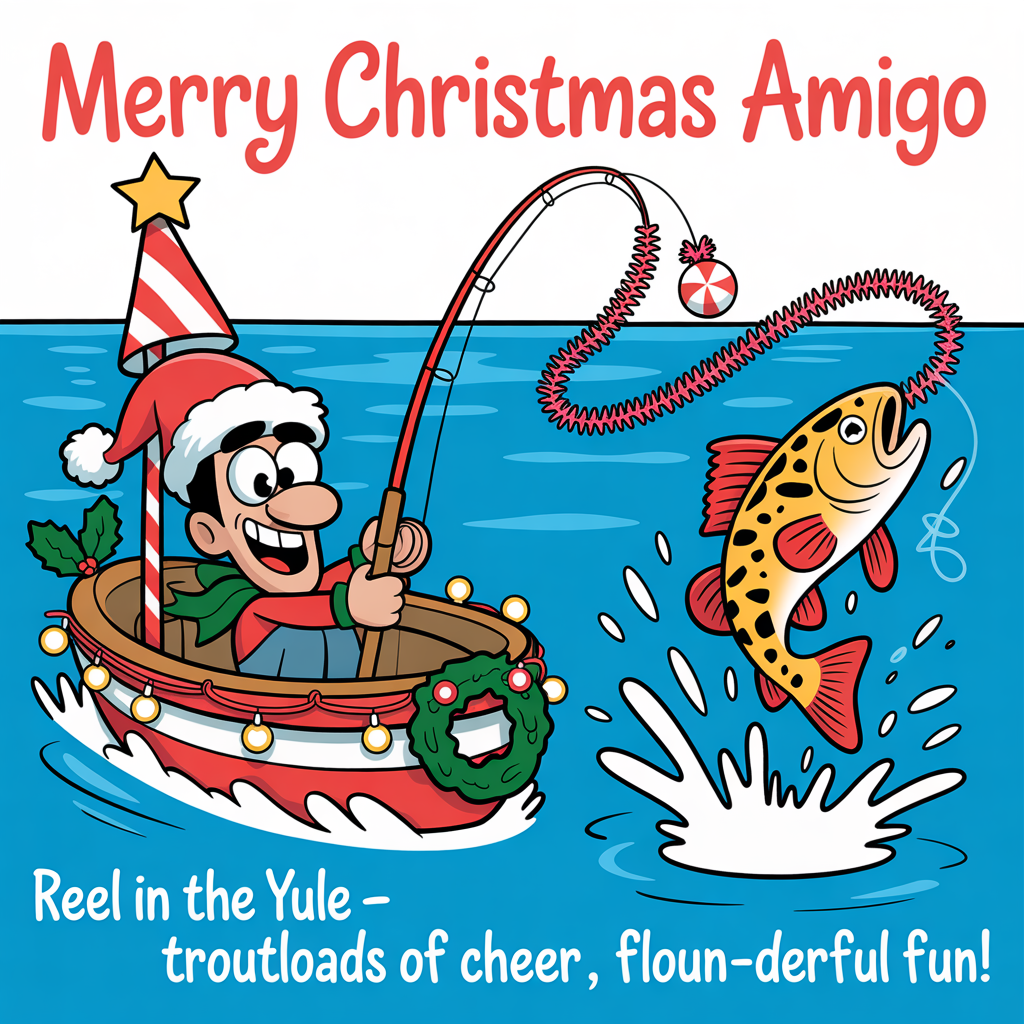 At the top of the Cartoon Style image, "Merry Christmas Amigo"

At the bottom of the image, "Reel in the yule - troutloads of cheer, floun-derful fun!"

- Playful cartoon scene on bright peppermint-blue water: a tiny festive skiff zips along, decked with string lights, a wreath on the bow, and a peppermint-striped mast topped with a star; thick outlines, bold saturated colors, energetic poses.
- Center: a wide-eyed, grinning redfish captain in a Santa hat and green scarf, leaning forward as he casts a candy-cane-striped fishing pole; the line swoops in a sparkly arc with an ornament bobber and tinsel lure.
- Right: a speckled trout rockets out of the water in a joyous leap, tangled in twinkly tinsel like reindeer reins—splash shapes exaggerated and bubbly; this is the trout fishing moment.
- Left/foreground: a flat, goofy flounder in a snug Christmas stocking on the deck, clutching a mini toy fishing pole and trying to hook a gingerbread cookie—your cheeky flounder fishing gag.
- Extras: candy-cane buoys, snowflake confetti falling, evergreen shoreline in the distance with oversized ornaments; water gleams with starry highlights.
- Composition: roomy clear sky at the top for the headline, a clean snowy water-spray band at the bottom for the punchline; lively cartoon style with thick outlines and bright, saturated reds, greens, teals, and golds.
Generated with these themes: Redfish, fishing, pole, boating, flounder fishing, trout fishing, and .
Made with ❤️ by AI.