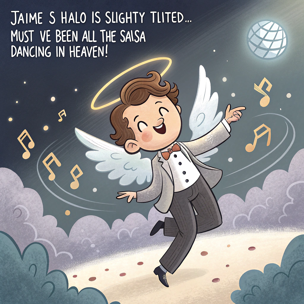 At the top of the image, "Jaime’s halo is slightly tilted… must’ve been all the salsa dancing in heaven!"

- In the center of the image, illustrate a whimsically joyful scene: a cartoon-style Jaime (dapper and with a mischievous twinkle in his eye) wearing angel wings and a halo that's askew, mid-spin in a celestial salsa dance.  
- He’s surrounded by dancing cloud-angels and musical notes floating through the sky, with a disco ball hanging from a cloud.  
- A small cherub plays a trumpet, and another one looks impressed, holding up a tiny scorecard that reads “10”.  

At the bottom of the image, add: “Though you are gone, your love and memories will forever live in our hearts. Forever grooving, forever in our hearts.”
Generated with these themes: In Loving Memory Jaime Tolentino Gomez January 17, 1949 – May 13, 2025  “Though you are gone, your love and memories will forever live in our hearts.”  Forever in our hearts..
Made with ❤️ by AI.