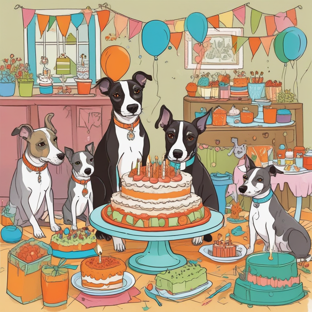 Brown and white whippet, and Black and white Boston terrier Birthday Card