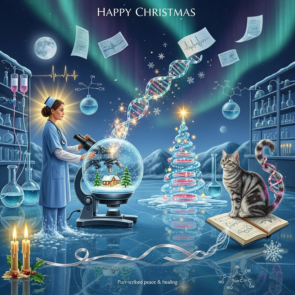 At the top of the Surreal Style image, Happy Christmas

Sincere, dreamlike surrealism: a tranquil winter research laboratory dissolves into a snowy, otherworldly landscape. A compassionate nurse in soft blue scrubs stands left of center; her coat hem melts into falling snow, a gentle halo of golden light around her. She steadies a microscope that transforms into a crystal snow globe holding a tiny evergreen village and drifting sparks of hope. Research glassware stretches like melted glass—beakers becoming shimmering ornaments, petri dishes stacking into a translucent Christmas tree, a DNA helix unfurling as tinsel. Charts and ECG lines drift upward as auroras across a deep cobalt sky.

To the right, a silver tabby cat with cosmos-flecked fur perches on a floating open research notebook; its tail curls into a glowing helix, purr sending soft ripples over a mirror-smooth, frozen lab floor. Candy-cane IV lines arc like garlands; delicate snowflakes arrange themselves into chemical constellations. A distant moon casts ethereal light; shadows elongate in Dali-like curves, surfaces gently melting, edges soft and sincere.

Palette: moonlit blues, soft teals, snowy whites, warm candle-gold highlights with honest touches of holly red. Composition: central microscope-snow globe, nurse to the left, cat to the right, glass-tree in the background; reflective ice floor mirroring the scene; bokeh stardust, soft bloom, 35mm feel, painterly texture, high resolution.

Small caption woven into a drifting satin ribbon near the bottom, in delicate pearly script: “Purr-scribed peace & healing.”
Generated with these themes: Nurse, Research , Cat, Christmas , and .
Made with ❤️ by AI.