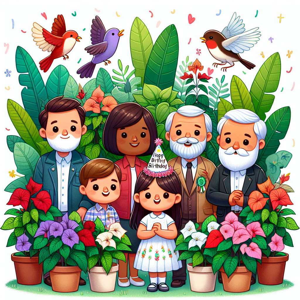 Create an image featuring an endearing and celebratory birthday scene in a cute cartoon style. The setting is in a gardening filled with intricately drawn coleus plants acting as a tranquil backdrop with their detailed leaves and vibrant colors. Above, cartoon birds are illustrated mid-song, symbolizing joy and the splendor of nature. Central to the scene, a cartoon family of varying ethnic backgrounds including Caucasian, Black, and Hispanic, with a balanced mix of male and female characters, stand together, united and cheerful. Subtle symbols of their shared Christian faith include one character holding a small cross or another wearing a 'Faith, Family, Fun' birthday cap. The image radiates an ambiance playful reverence, ideal for a family-centered birthday celebration that respects their beliefs and mutual affection.
Generated with these themes: Coleus plants, Birds, Family, and Christian Faith.
Made with ❤️ by AI.