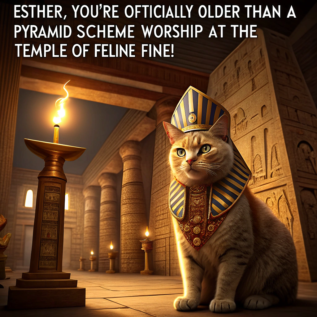 At the top of the image, "Esther, you're officially older than a pyramid scheme – worship at the Temple of Feline Fine!"

– Create a realistic photograph-style scene featuring an opulent ancient Egyptian temple interior, dramatically lit with warm torchlight.

– In the center, perched regally atop a golden throne, is a majestic, slightly chubby tabby cat wearing full Pharaoh regalia (striped nemes headdress, jeweled collar, eyeliner-style markings).

– Around the cat, ancient scrolls lie open, birthday cupcakes are presented on golden plates, and a crowd of robed cats bows in exaggerated reverence.

– One cat is trying (and failing) to carry an enormous birthday cake shaped like the Sphinx.

– Papyrus banners with hieroglyphs that suspiciously look like birthday wishes line the stone walls.
Generated with these themes: Ancient egypt cat.
Made with ❤️ by AI.