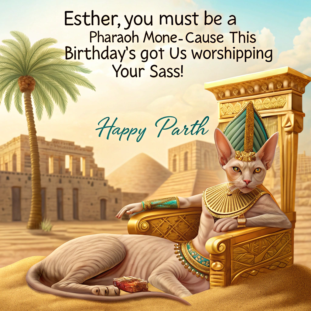 At the top of the image, "Esther, you must be a Pharaoh-mone—'cause this birthday’s got us worshipping your sass!"

– In the image: A highly realistic photograph featuring a regal-looking sphinx cat lounging dramatically on a golden throne in the middle of a sand-swept desert temple. The cat is draped in traditional Egyptian gold jewelry, including a miniature headdress, and there are two adoring servant cats fanning her with oversized palm fronds. A banner above the throne reads, "Happy Purr-thday, Queen Esther!" Hieroglyphs on the stone walls behind the throne depict comical scenes of cats ruling ancient Egypt — one riding a chariot pulled by mice, another inventing lasagna.
Generated with these themes: Ancient egypt cat.
Made with ❤️ by AI.