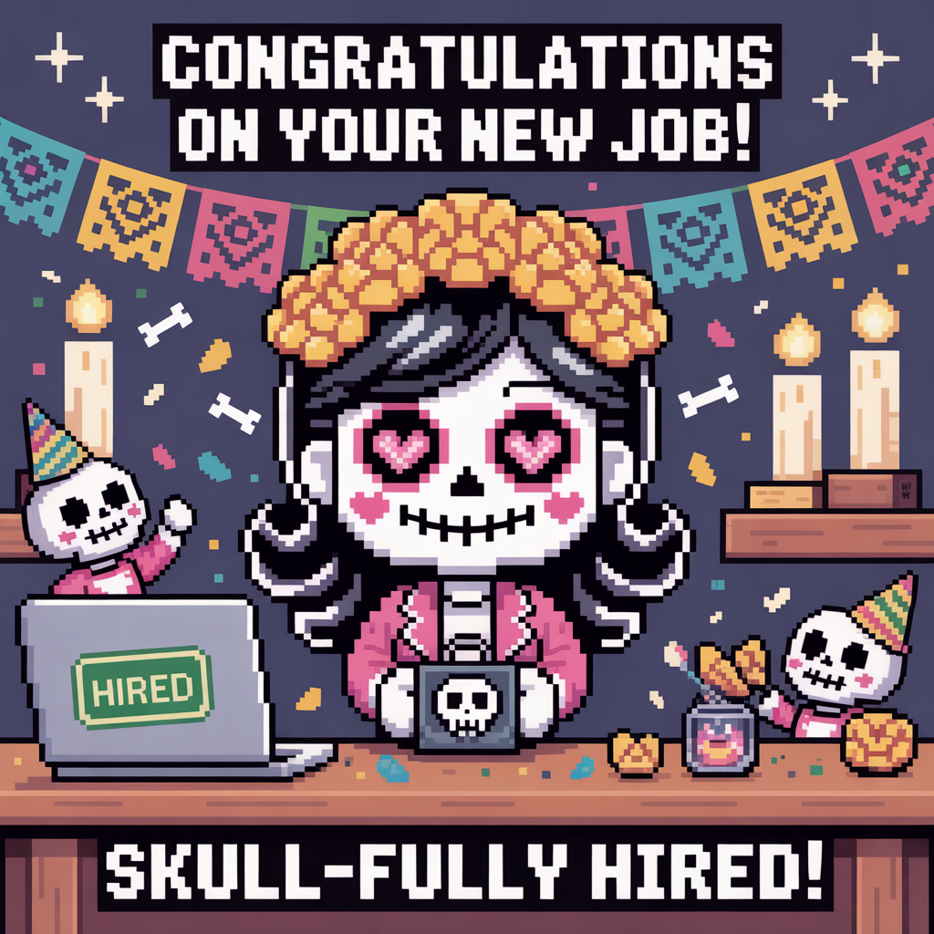 At the top of the Pixel Art Style image, "Congratulations on your new job! "

At the bottom of the image, "Skull-fully hired!"

- Crisp 8-bit pixel art with a vibrant, limited palette, chunky square pixels, and nostalgic video‑game charm; no gradients, subtle 1–2 px dithering for shading.
- Center scene: a cute sugar-skull character with big sparkling heart eyes, rosy cheek pixels, and flowing glossy black hair under a marigold flower crown. They wear a tiny pixel blazer and hold a small briefcase decorated with a sugar-skull sticker.
- A pixel desk with a laptop showing a green “HIRED” stamp, tiny confetti bones and marigold petals floating around, and smiling mini sugar skulls as cheering coworkers in party hats.
- Background: midnight-navy with strings of papel picado in teal, hot pink, and marigold; flickering pixel candles and star-like sparkles for a cozy, celebratory Dia de los Muertos vibe.
- Text styling: bold, chunky bone‑white pixel font with hot‑pink and teal drop shadows for readability; tiny marigold and sugar‑skull pixel icons flanking the lines.
- Palette suggestion: bone white, marigold orange, hot pink, turquoise, mint, midnight blue, and coal black accents.
- Keep everything cute, upbeat, and celebratory; emphasize big readable headline and punch-line.
Generated with these themes: Day of the Dead, Sugar skulls, Black hair, and .
Made with ❤️ by AI.