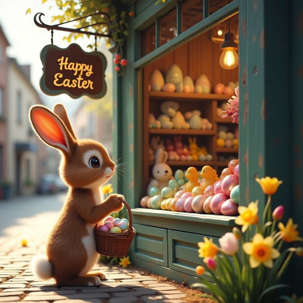 **Prompt for AI image generation (Realistic Photograph Style):**

A heartwarmingly cute scene of a brown and white Easter bunny with big sparkling eyes and oversized fluffy ears standing on a cobbled street, gazing longingly into the bay window of an old-fashioned chocolate shop. The bunny holds a pastel-colored wicker basket filled with a few decorated Easter eggs. The vintage chocolate shop has a charming weathered wood exterior, with "Happy Easter" elegantly painted in gold cursive on a hanging sign above the entrance. Inside the warmly lit bay window, shelves overflow with a rainbow of foil-wrapped Easter eggs, chocolate bunnies, and candy chicks. Spring flowers bloom around the base of the window — daffodils and tulips — and the whole scene is bathed in the golden glow of a soft, sunny afternoon. The mood is sweet, magical, and irresistibly nostalgic, evoking childhood wonder and Easter delight.
Generated with these themes: Brown and white cute Easter bunny with big eyes and big ears, Old fashioned chocolate shop with bay window full of Easter eggs, Happy Easter written on shop, Easter bunny holding a basket looking in the window of the chocolate shop, and .
Made with ❤️ by AI.