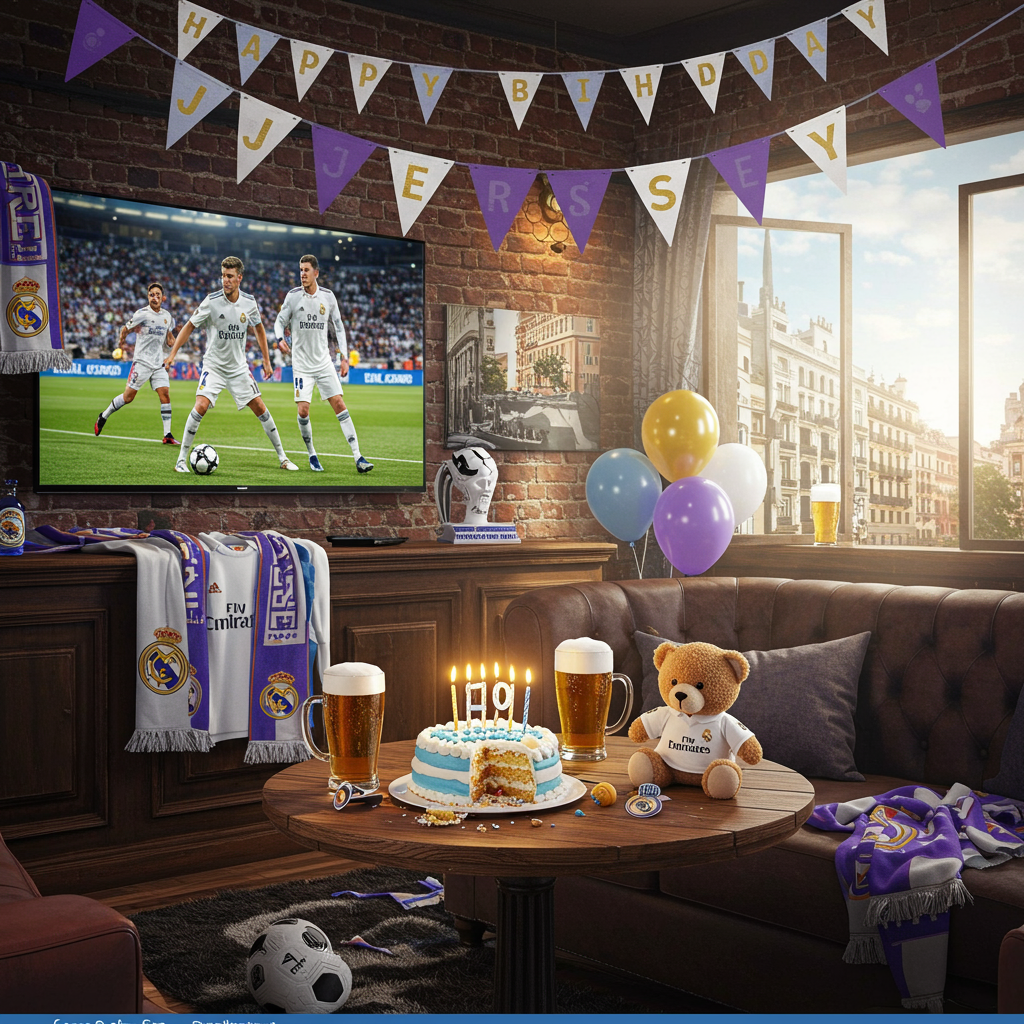 On the front cover of the birthday greeting card, imagine a vibrant and bustling scene set inside a lively sports bar. The focal point of the image is a round table in the foreground, cluttered with football memorabilia and a half-eaten birthday cake. The cake is adorned with white icing and blue and purple stripes, topped with a tiny edible replica of a Real Madrid jersey.

In the background, there's a large flat-screen TV mounted on a rustic brick wall, prominently displaying a scene from a Real Madrid match, with players in white kits frozen in an action-packed moment. The TV is framed by hanging football scarves in the colors of Real Madrid—white, purple, and gold.

On the wooden table, beside the cake, there's a trio of frothy beer mugs with condensation trickling down the sides, reflecting the overhead lights. A small, stuffed toy bear wearing a mini Real Madrid jersey sits next to the cake, cheerfully holding a miniature football.

Above this entire setup, a colorful banner hangs across the scene, strung from one side of the card to the other. The banner is crafted from triangular flags in alternating purple and white, each letter spelling out "JERSEY" in bold, golden letters.

The background features a mural-style painting on the wall, depicting a bustling Madrid street, complete with historic architecture and a clear blue sky that peeks through an open window, letting sunlight spill into the room. On the floor, a plush, round rug mimicking a football field adds a playful touch.

The overall color scheme includes vibrant blues, purples, and golds, harmonizing with the neutral tones of the bar's interior—brown woods and soft, warm lighting to create a visually rich and engaging birthday-themed Real Madrid celebration scene.
Generated with these themes: Real Madrid champs.
Made with ❤️ by AI.