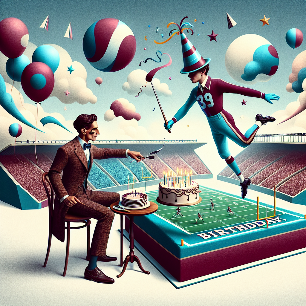 Immerse in an ethereal world of imagination, a birthday bash is underway. The star of the moment is a stylish side character dressed in a suit that gently hints at a vintage football team's maroon and sky blue. Adjacent to him, a stretched football field bends the perceptions, where the birthday cake sits gloriously as the stadium main attraction. Dotting the sky are whimsical elements like a levitating footballer dressed in the same maroon and sky blue, his sly smile and birthday horn adding to the jovial atmosphere. The side character reaches out to the floating footballer, poised to slice the cake, as abstract shapes and balloons in team colors saturate the backdrop, capturing the spirit of a splendid birthday.
Generated with these themes: Sideman , West Ham, and KSI.
Made with ❤️ by AI.