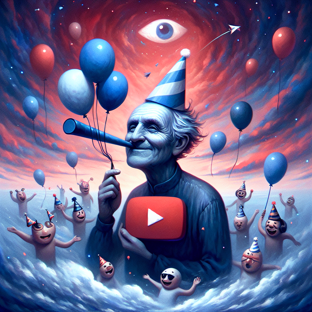 A whimsical birthday illustration is depicted with surreal elements. A quirky figure possesses a likable aura, holding balloons tied around his wrist, floating amidst a dreamy sky painted in deep red and blue hues reminiscent of a well-known football team. Around his head are a collection of humorous figures like a popular online video platform symbol wearing a party hat. Each figure, from the main character to the latter, is adorned with a touch of the red and blue colors, uniting the mystical celebration with the theme of the football club.
Generated with these themes: Sideman , West Ham, and KSI.
Made with ❤️ by AI.