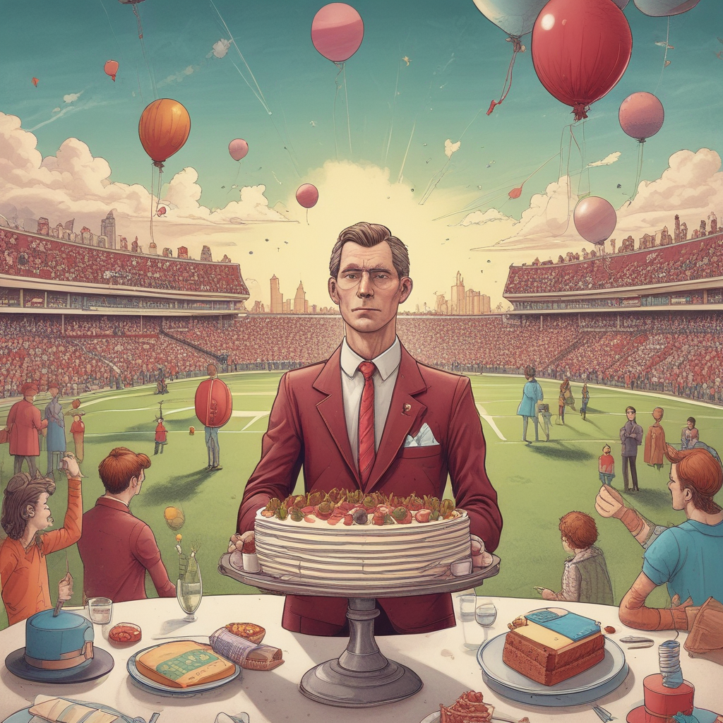 Illustration Surreal, Immerse in an ethereal world of imagination, a birthday bash is underway. The star of the moment is a stylish side character dressed in a suit that gently hints at a vintage football team's maroon and sky blue. Adjacent to him, a stretched football field bends the perceptions, where the birthday cake sits gloriously as the stadium main attraction. Dotting the sky are whimsical elements like a levitating footballer dressed in the same maroon and sky blue, his sly smile and birthday horn adding to the jovial atmosphere. The side character reaches out to the floating footballer, poised to slice the cake, as abstract shapes and balloons in team colors saturate the backdrop, capturing the spirit of a splendid birthday.
Generated with these themes: Sideman , West Ham, and KSI.
Made with ❤️ by AI.