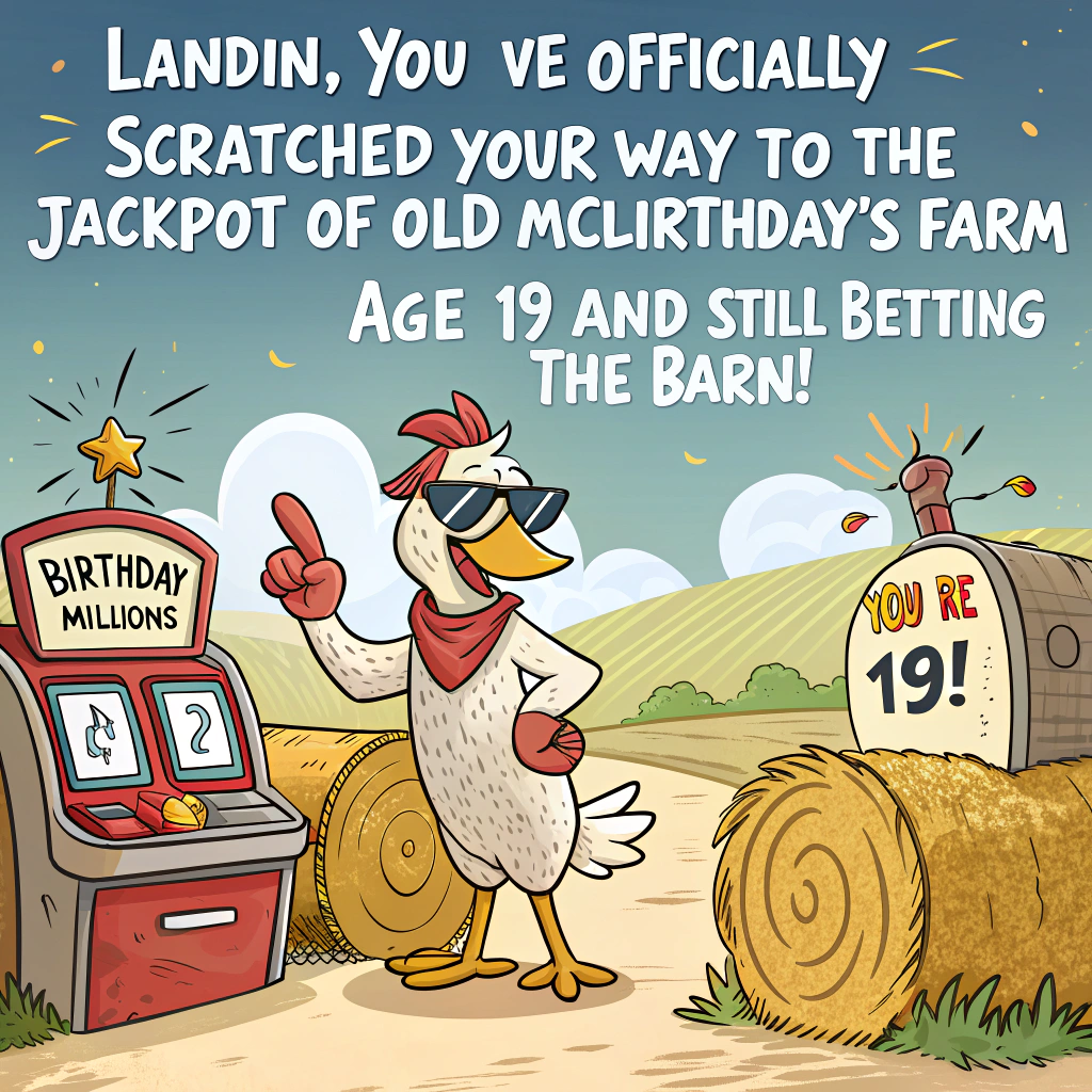 At the top of the image, "Landin, you’ve officially scratched your way to the Jackpot of Old McBirthday's Farm – Age 19 and still betting the barn!"

- The illustration features a comical farm scene where cartoon animals are wildly playing slot machines made from hay bales and tractors, while a cheeky chicken in sunglasses excitedly pecks at a giant scratch-off ticket that says “YOU’RE 19!”  
- In the background, a cow holds a lottery ticket in its mouth with a "Birthday Millions" label, and a pig throws confetti from a wheelbarrow marked "Lucky Oinks."  
- Landin (cartoon version) is sitting in a rocking chair made of golden horseshoes, surrounded by lottery balls that say things like “19,” “YAY,” “OLD,” and “SCRATCH.”  
- A barn is rigged up like a mini Las Vegas, complete with flashing lights and a "CLUCKSINO" sign.
Generated with these themes: Gambling , Lottery , Scratch Off , 19 , Funny , and Farm .
Made with ❤️ by AI.