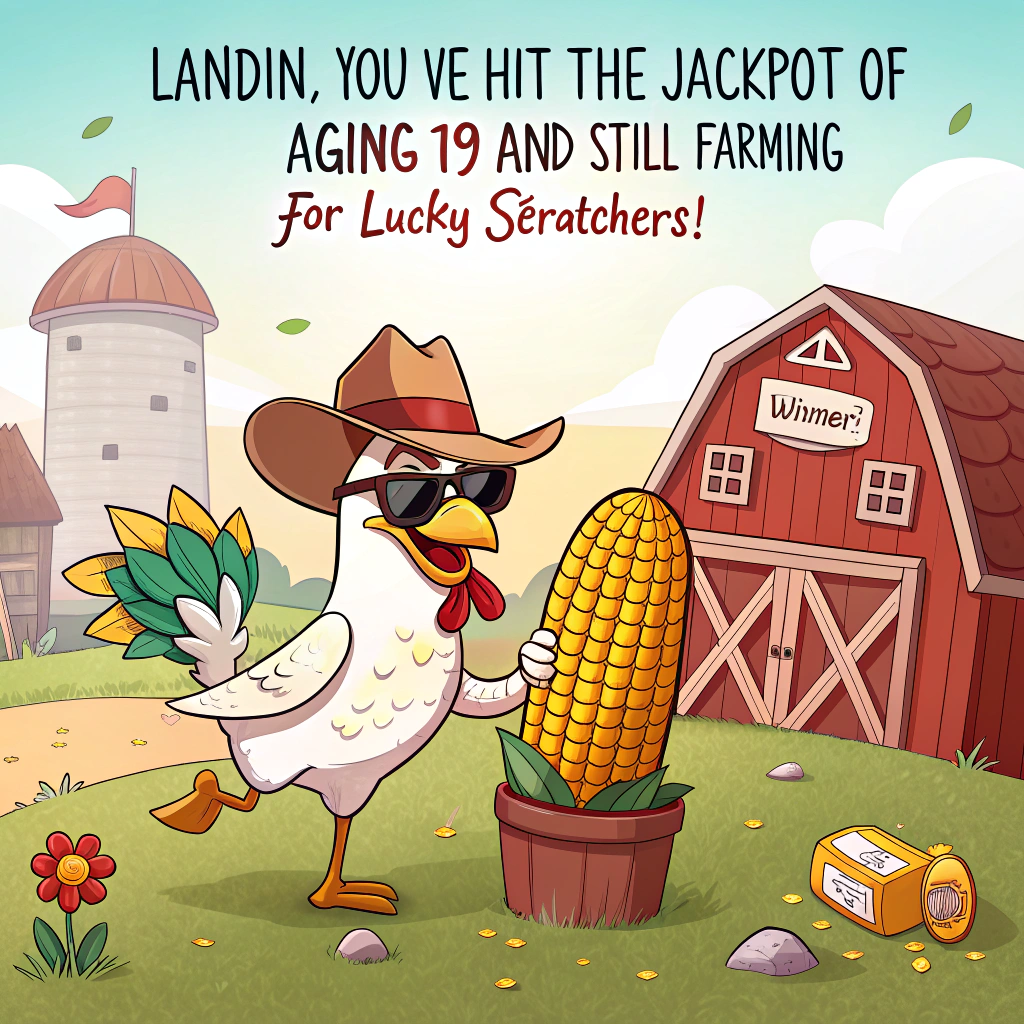 At the top of the image, "Landin, you’ve hit the JACKPOT of aging – 19 and still farming for lucky scratchers!"

– In the center of the image, illustrate a cheeky cartoon farmyard scene where a sassy chicken with oversized sunglasses is using its claws to scratch off giant lottery tickets shaped like corn cobs.  
– Landin, wearing a cowboy hat and holding a “Winner!” sign, stands next to a cow wearing a party hat and munching on confetti.  
– A barn in the background is painted to look like a casino, complete with flashing neon signs that read “MOOnopoly!” and “Eggcellent Odds!”.  
– A tractor with fuzzy dice dangles from the rear-view mirror and has playing cards flying out of its exhaust.  
– Bonus details: a sheep shouting “Lucky Baaaaaaaby!” while tossing glitter into the air, and a rooster yelling “All in at 19!” while sitting atop a roulette wheel.
Generated with these themes: Gambling , Lottery , Scratch Off , 19 , Funny , and Farm .
Made with ❤️ by AI.
