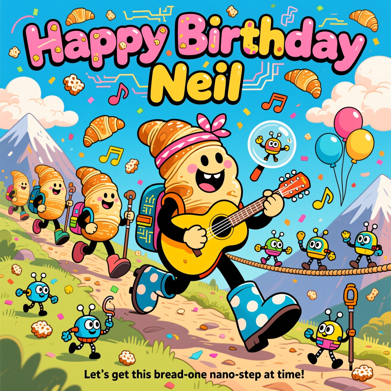 Croissants, guitar, nanotechnology, hiking, and Birthday Card