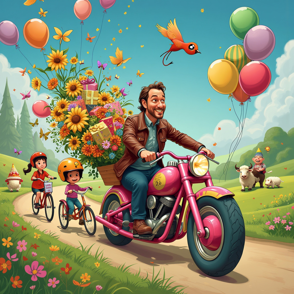 Picture a vibrant, whimsical birthday scene that seamlessly blends humor, adventure, and familial warmth. At the center of the scene is a comically over-sized, candy-colored motorcycle that looks like it was designed by Willy Wonka himself, complete with swirly candy-cane handlebars and flower-shaped wheels. Seated on the motorcycle is a caricatured father figure wearing a leather jacket adorned with flower patches, grinning ear to ear as he holds onto a ridiculously oversized bouquet of flowers that seems to be spilling out in all directions. The bouquet is a wild mix of sunflowers, daisies, roses, and even some exotic blooms, each drawn with exaggerated, almost psychedelic colors reminiscent of Winsor McCay’s dreamscapes.

Behind the motorcycle, trailing like a cloud of confetti, is a family of cartoonish characters, each humorously exaggerated. A cheeky, Calvin-esque little boy is trying to catch up on a tricycle, wearing a helmet too big for his head, which is festooned with daisies. To his left, an Astro Boy-inspired sister character is holding onto the sidecar, which is overflowing with birthday presents wrapped in vividly patterned papers. Each present has a card with a quirky joke, such as “Why did the flower go to the party? Because it was blooming marvelous!” The mother figure, who is reminiscent of the comforting maternal characters in Disney animations, is riding a bicycle beside them, her basket full of flowers and a cake that has precariously balanced layers decorated with family photos.

In the background, a Peanuts-inspired beagle is chasing butterflies near a garden gnome that looks suspiciously like R. Crumb’s characters, adding a touch of irreverent humor. The backdrop features a colorful, rolling meadow with a few Tintin-esque cartoon animals grazing peacefully, including a quirky cow with a birthday hat and a sheep blowing a party horn.

The sky above is filled with floating balloons, each adorned with a funny face or a family member's caricature. A family of birds, dressed in miniature biker gear, flies in a V-formation overhead, with a banner that reads, "Happy Birthday! Keep the fun rolling!"

The whole scene is a delightful, busy tableau of exaggerated, comical characters and vivid, detailed elements, each telling a small part of the bigger, joyful story.
Generated with these themes: Motorcycle , Flowers, Jokes, and Family.
Made with ❤️ by AI.