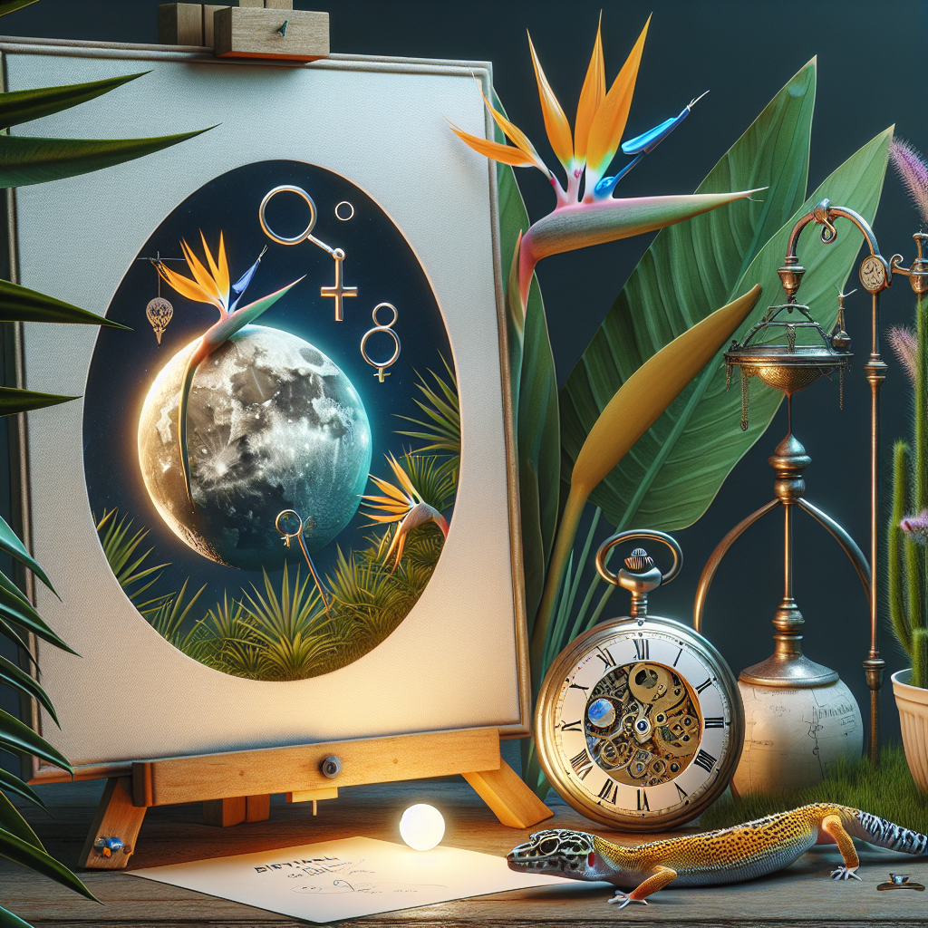 Illustrate a captivating realistic birthday setting. The focal point is the moon, brilliantly depicted on a round canvas placed on an easel, glowing under the gentle warmth of subtle lighting. A leopard gecko explores the scene, moving around a carefully designed birds of paradise plant. Integrated into the plant's leaves are subtle symbols representing lesbian identities, such as tiny rainbow flags and dual Venus icons. Adjacent to this, an open skeleton pocket watch sits buried in the greenery, its elaborate internal mechanism visible, a metaphor for time passing and the allure of existence.
Generated with these themes: The moon, Leopard gecko, Birds of paradise plant, Being a lesbian, and Skeleton pocket watch.
Made with ❤️ by AI.