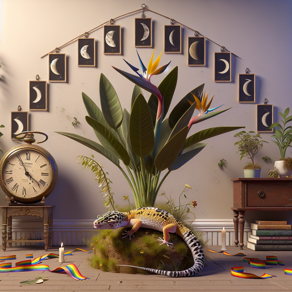 In this realistic birthday setting, the walls are decorated with a series of small, delicate paintings showcasing phases of the moon, creating a celestial gallery atmosphere. The center of the room features a leopard gecko comfortably basking on top of a meticulously crafted model of a Birds of Paradise plant, adding a unique, natural touch to the scene. The decorations give subtle but clear representations to lesbian pride using bountiful rainbow ribbons tied to the plant's branches. Nestled among the leaves is a skeleton pocket watch, partially hidden but still catching the eye. Its open face is a contemplative symbol, reflecting on another year's experiences and joy.
Generated with these themes: The moon, Leopard gecko, Birds of paradise plant, Being a lesbian, and Skeleton pocket watch.
Made with ❤️ by AI.