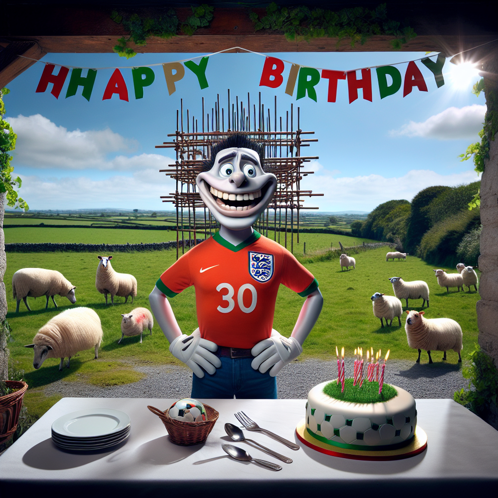 Envision a comedic, cartoon-style birthday tableau situated in the remote greenery of Ireland's countryside. An animated figure, who is a personified piece of scaffolding, stands joyfully outside his countryside house, adorned in a bright, representative jersey of an English football team. He grins broadly, displaying his fresh, sparkling teeth- a memento from his recent journey to a Mediterranean country. The horizon is animated with 'Happy Birthday' banners swaying between lush green trees, and local farm animals, sheep, garbed in the colors of the same English football team. A cake, crowned with a miniature football, stands ready to be sliced and served.
Generated with these themes: Tony is a scaffolding who has just had brand new teeth in Turkey. He is an avid Leeds United fan and lives in the middle of the countryside in ireland.
Made with ❤️ by AI.