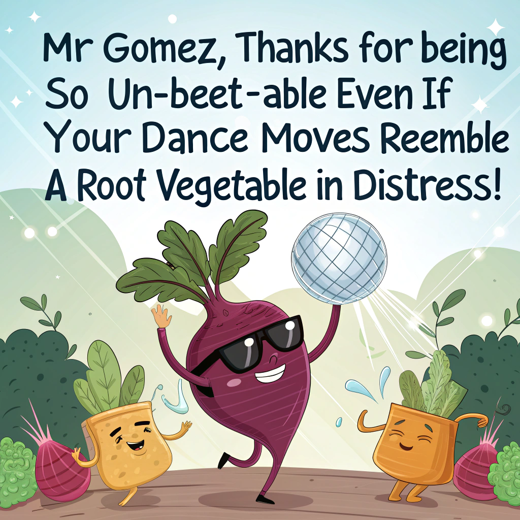 At the top of the image, "Mr Gomez, thanks for being so un-beet-able—even if your dance moves resemble a root vegetable in distress!"  

- In the center of the cartoon image, depict Mr Gomez as a quirky, anthropomorphic beetroot wearing oversized sunglasses and throwing some funky dance moves under a glitter disco ball.  
- He's surrounded by a group of other confused vegetables (a groovy carrot with a headband, a skeptical broccoli crossing its arms, a potato sipping juice with a straw), all watching with bemused admiration.  
- The background should be a disco dancefloor, complete with rainbow tiles and a banner that reads “Thanks for Being YOU!” in bold sparkly letters.
Generated with these themes: Thsnk you for being you:).
Made with ❤️ by AI.