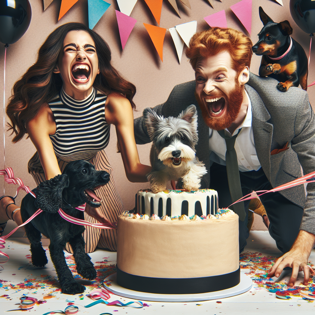 Imagine a joyful and hilarious birthday party scene. At the center, a black and grey cocker spaniel together with a Westie are energetically springing out of a grand birthday cake. Next to the frosting-covered delight, a petite brunette woman dressed in a striped top is laughing robustly while attempting to catch the animated canines. She is accompanied by a tall man with ginger hair and some facial scruff, who finds himself humorously entwined in a chain of vibrant party streamers. The atmosphere is made even more festive by the presence of balloons and confetti filling the air.
Generated with these themes: Black and grey cocker spaniel, Westie , Short brunette haired woman in striped top, and Tall ginger man with short facial hair.
Made with ❤️ by AI.