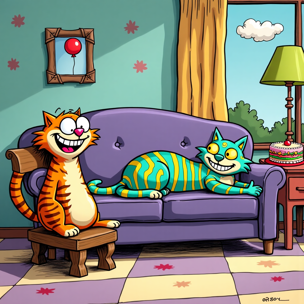 Front and center, we have a vibrant scene with two comically exaggerated cartoon cats, styled with bold outlines reminiscent of Bill Watterson's "Calvin and Hobbes." The laughing cat, with oversized round glasses perched at the end of its pink nose, is seated on a wooden chair, reminiscent of 1950s furniture, slightly tilted back as if in mid-chuckle. The cat's fur is a vibrant orange with thick, wavy stripes, and its grin stretches almost ear to ear, showcasing an array of large, white teeth.

The couch, designed in the spirit of Osamu Tezuka's playful yet meticulous details, is a deep, plush purple, almost too long for its four stubby legs, adorned with intricate floral patterns that mimic Art Nouveau style in an exaggerated comic twist. The other cat, laying dramatically across the couch, sports an equally over-the-top fur pattern of bright teal with electric yellow zigzag stripes. Its eyes are wide, comically exaggerated with spirals, as if lost in a trance of contemplation, peering up at the ceiling.

The background is a whimsical Charles Schulz-inspired setting, with walls painted in pastel blues and dotted with abstract geometric shapes reminiscent of mid-century modern design. The floor is a checkerboard pattern, alternating between soft lavender and cream tiles, which lead to a cartoonish window. Outside, a simple but effective Hergé-inspired landscape is visible, with a single bright red balloon floating lazily against a serene blue sky, dotted with perfectly round, fluffy white clouds.

To the side, a small table holds a single slice of birthday cake on a bright red plate, the cake's frosting a swirling masterpiece of rainbow colors, echoing Gary Larson’s surreal humor. A tall, slender lamp with a bright green lampshade towers over the couch, casting a comically exaggerated shadow over the scene, a nod to Winsor McCay's dramatic use of lighting.

Each element is saturated with color and detail, inviting viewers to explore the layers of visual storytelling and playful design. This cartoon scene celebrates the eccentricity and whimsy of a birthday, set in a world where humor and art blend into a delightful comic tableau.
Generated with these themes: Lauging crazy cat psychoanalysing another cat on lying on a psychoanalysts couch. .
Made with ❤️ by AI.