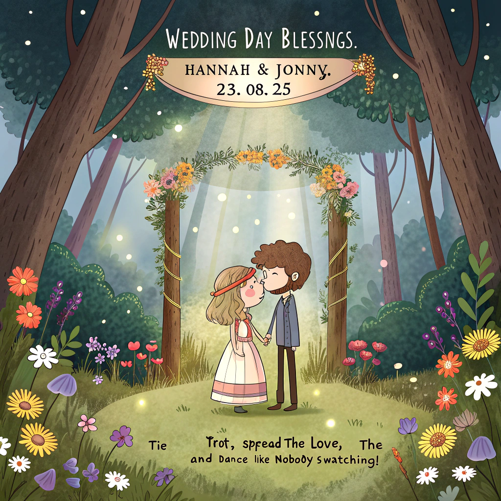 At the top of the image, "Wedding Day Blessings. Hannah & Jonny. 23.08.25":

Add at the bottom of the image, "Tie the knot, spread the love, and dance like nobody's watching!"

- Illustrate a whimsical bohemian scene in the center of the image featuring Hannah and Jonny in a lush, enchanted forest. They're standing beneath a rustic, hand-woven floral arch, surrounded by a colorful tapestry of wildflowers. Ethereal sunlight filters through the trees, casting a magical glow. Hannah's flowing gown and Jonny's laid-back suit give a relaxed, yet elegant vibe. A gentle breeze seems to whisper blessings as they gaze lovingly into each other's eyes.
Generated with these themes: Spiritual, bohemian, and .
Made with ❤️ by AI.