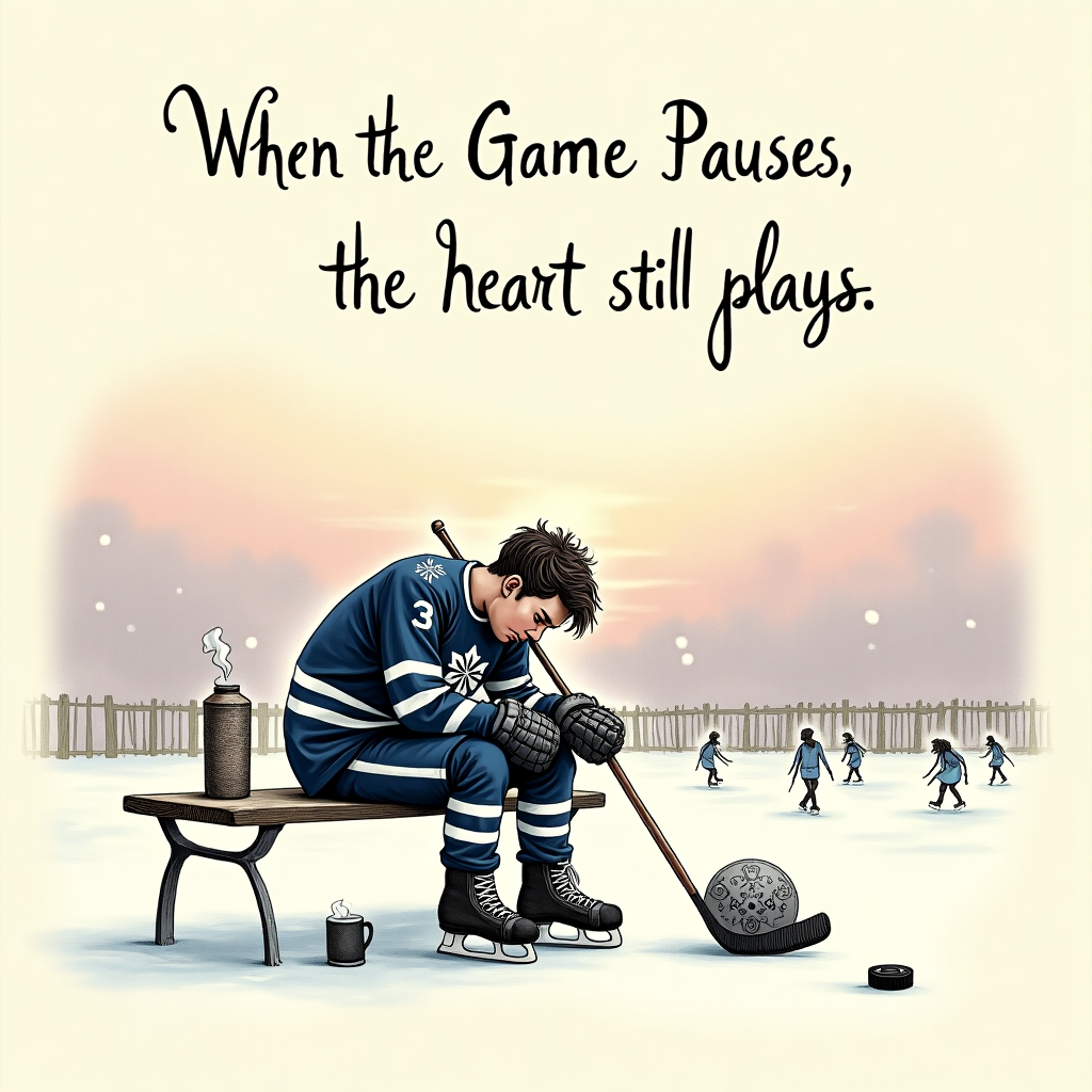 Front and center, the card features a hand-drawn scene of a somber, yet slightly whimsical, hockey game. In the style of Edward Gorey, the scene is detailed and intricate. The ice rink is an old-fashioned, outdoor rink surrounded by a picket fence, reminiscent of a classic Norman Rockwell painting, with a vintage charm.

In the foreground, a lone hockey player in a slightly oversized jersey sits dejectedly on a bench. His jersey is a deep navy blue with white accents and a stylized snowflake logo on the chest. The helmet rests beside him, revealing tousled hair and a slightly crooked stick at his side. His skates are laced tightly, and there's a small patch on one knee, hinting at wear and tear. 

Scattered around him on the bench are a half-empty thermos with a steaming cup beside it and a puck engraved with intricate designs, a nod to Aubrey Beardsley's detailed line work. The puck is subtly patterned, catching the light with a gleam of irony in its elegance.

Behind the bench, the backdrop is a gently falling snow, each flake as delicate as in a Beatrix Potter illustration. The snowflakes twinkle like stars against a muted, pastel sky—soft hues of lavender and pale pink blending into a gentle sunset, reminiscent of a Maxfield Parrish sky. 

In the distance, a group of tiny, sketch-like figures skate gracefully across the ice, their movements captured mid-glide in a style reminiscent of Quentin Blake's dynamic illustrations. They're almost whimsical, with elongated limbs and exaggerated postures.

At the top of the card, in an elegant script reminiscent of Gustave Doré's ornate lettering, are the words: "When the Game Pauses, the Heart Still Plays." 

This card blends humor and heartfelt artistry, with a touch of nostalgia, inviting a sympathetic smile and a warm remembrance of simpler times.
Generated with these themes: Sad hockey.
Made with ❤️ by AI.