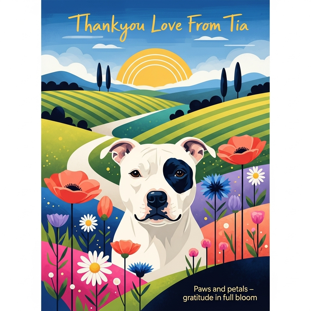 White staffy with black patch over left side of face, Flowers, Countryside , and Thank-you Card