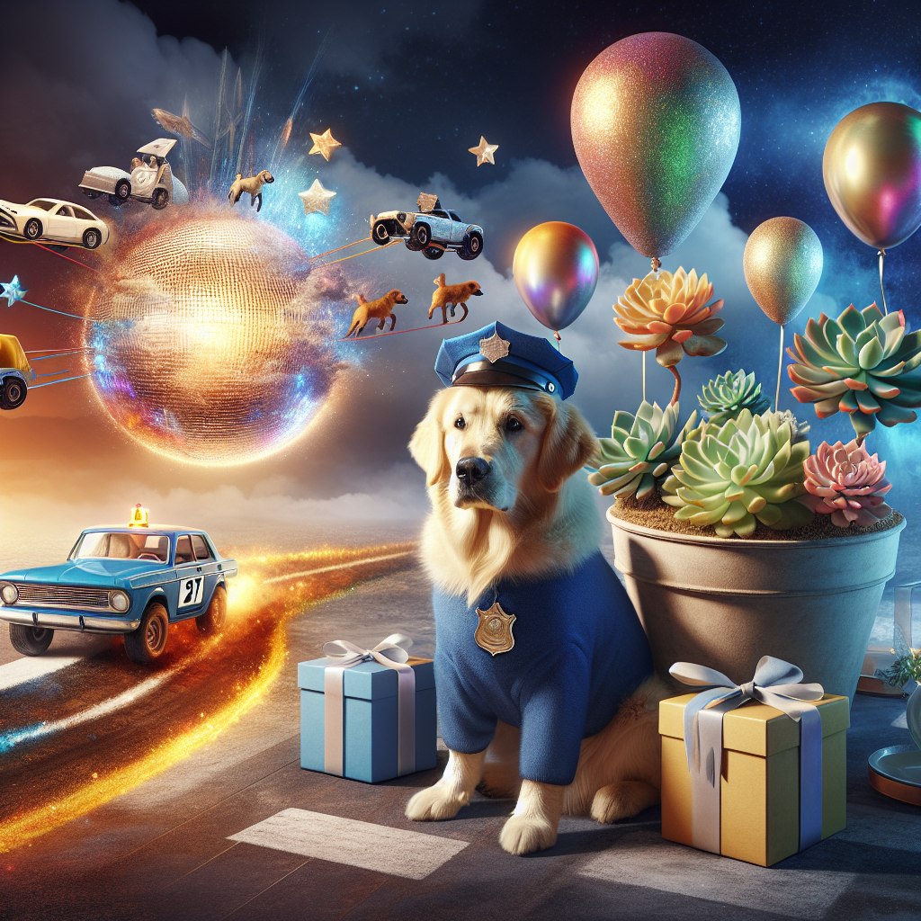 Visualize a setting where a golden retriever is featured prominently, whimsically dressed as a police officer, complete with a glinting badge reflecting the surreal lighting. Next to the retriever, imagine a diverse arrangement of succulents springing forth from unconventional objects such as gift boxes and balloons, each with a gentle shimmer. Picture in the sky above, a fantastical rally race commences, with miniature vehicles speeding along roads shaped out of clouds and stars, darting about a moon which serves twofold as a lustrous disco ball celebrating a birthday.
Generated with these themes: Golden retriever , Succulents , Police, and Rallying .
Made with ❤️ by AI.