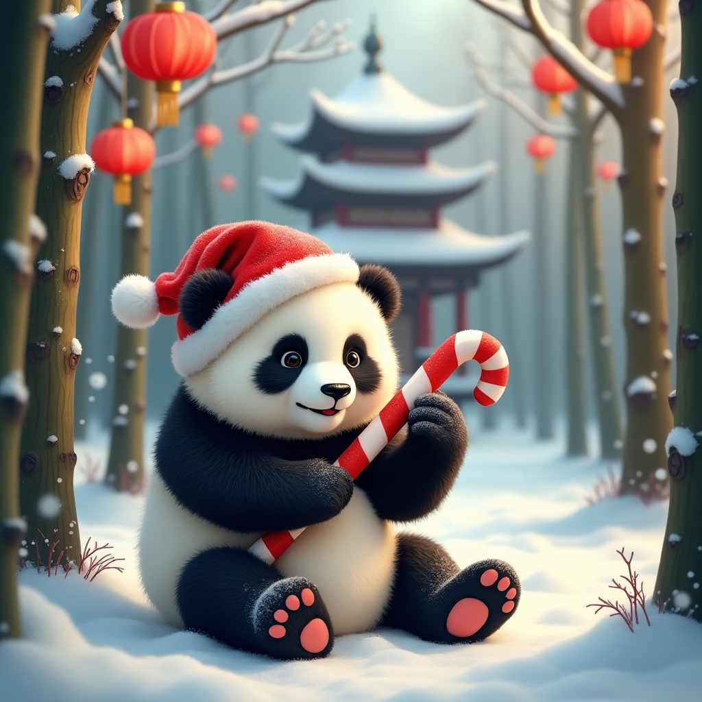 **Prompt:**  

A heartwarmingly cute, realistic photograph of a fluffy panda sitting peacefully in a snowy bamboo forest in rural China during Christmas. The panda is wearing a cozy red and white Santa hat, nibbling on a candy cane-striped bamboo shoot, with delicate snowflakes gently falling around. Red lanterns hang from nearby trees, casting a soft festive glow, and in the background, a traditional Chinese pagoda is lightly dusted with snow. The serene scene blends traditional Chinese winter beauty with playful Christmas charm, capturing the joyful spirit of the season in an irresistibly adorable way.
Generated with these themes: panda in china at christmas.
Made with ❤️ by AI.