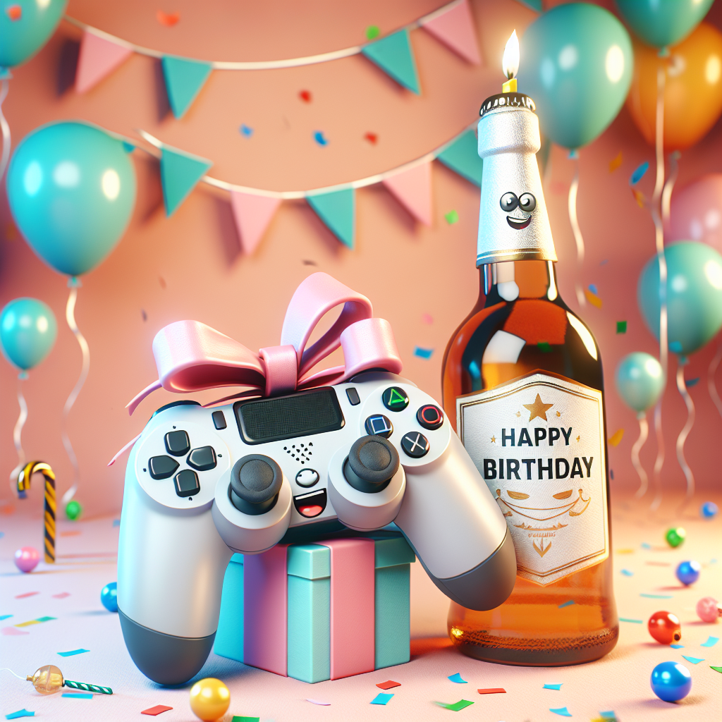 In this delightful birthday scene, a whimsical game controller is represented with a lively grin, festively adorned with a ribbon, all set to enhance the gaming celebrations. To the side, a charming, anthropomorphic bottle of generic alcoholic beverage, designed with cartoon eyes and a cheerful smirk, tips its cap to the birthday honoree, accentuated by a backdrop of colorful pastel balloons and confetti.
Generated with these themes: X-box , and Jack Daniels .
Made with ❤️ by AI.