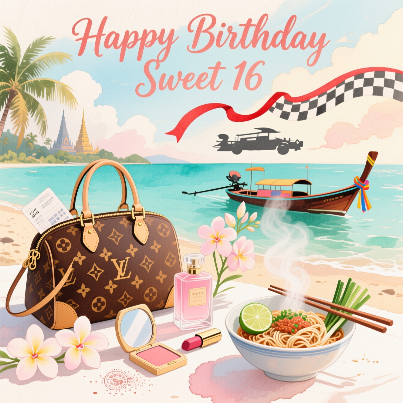 At the top of the Watercolor Style image, Happy Birthday Sweet 16

Soft watercolor washes with delicate gradients, subtle pigment blooms, and natural cold-press paper texture; sincere, airy mood. A sunlit Thai holiday vignette in watercolor: foreground still-life of elegance and wanderlust. Center-left: an iconic Louis Vuitton designer handbag rendered impressionistically—warm chestnut and caramel monogram feel with soft gold hardware, edges feathering into the paper. Beside it, a blush-glass perfume bottle misting into pale orchids and frangipani blooms. Nearby, luxe cosmetics—a rosy lipstick, a small compact mirror catching a gentle highlight, and a dusting of blush—painted with soft edges.

Front-right: a steaming bowl of Thai noodles (Pad Thai) in a porcelain bowl, lime wedge and scallions, slender chopsticks resting across; steam trails dissolving into pastel clouds.

Midground: a turquoise wash of a Thai beach cove; a longtail boat with bright ribbon scarves, palm fronds pouring in, and faint temple spires on the horizon. Light holiday cues: translucent passport stamp textures and a hint of a boarding pass tucked near the bag.

Across the sky, an elegant ribbon of racing red and graphite forms a subtle Formula One silhouette and a dissolving checkered pattern, sweeping in an S-curve that frames the scene without overpowering it.

Palette: blush rose, warm gold, sandy beige, caramel, tropical teal and jade, sunrise peach; accents of racing red and charcoal. Lighting: golden-hour glow with soft highlights and generous negative space. Technique: wet-on-wet blends, delicate granulation, and watercolor edge blooms.

Typography: “Happy Birthday Sweet 16” at the top in delicate hand-painted brush lettering, rose-gold watercolor with gentle pigment pooling at stroke ends.

Small, sincere caption at the bottom in tiny watercolor script: Full throttle into your sweetest year.

Keep everything soft, painterly, and heartfelt; avoid hard lines or crisp logos; no additional text beyond the two lines. Portrait orientation, high resolution.
Generated with these themes: Perfume, Designer handbags, Cosmetics , Formula One, Noodles, Holidays, Thailand, Louis Vuitton, and .
Made with ❤️ by AI.