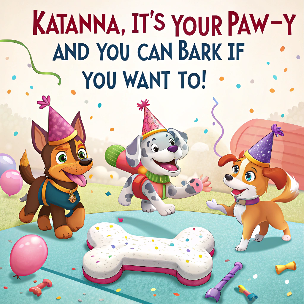 At the top of the image, "Katanna, it's your paw-ty and you can bark if you want to!" 

- In the center of the image, create a playful cartoon scene with all the Paw Patrol pups (like Chase, Skye, Marshall, and Rubble) wearing festive birthday hats and blowing noisemakers, gathered around a huge bone-shaped birthday cake with Katanna’s name in pink icing on top.

- The pups are mid-dance on a vibrant confetti-strewn floor, surrounded by balloons and wrapped presents.

- Skye is flying above the group holding a glittery "Happy Birthday!" banner with her helicopter.

- Marshall is clumsily tripping over wrapping paper, accidentally setting off a tiny firework of sprinkles and stars that adds extra silliness to the scene.
Generated with these themes: paw patrol.
Made with ❤️ by AI.