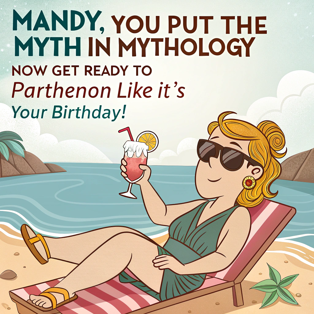 At the top of the image, "Mandy, you put the ‘Myth’ in Mythology — now get ready to Parthenon like it’s your birthday!"

- In the center of the image, illustrate a humorous beach scene set in a Greek island. Picture Mandy as a cartoon Greek goddess lounging dramatically on a beach sunbed, wearing oversized sunglasses and a toga-inspired swimsuit.  
- She’s holding a frozen cocktail in one hand and fending off a tiny, cartoon-style Zeus with a beachball-shaped lightning bolt in the other.  
- Behind her, white-washed buildings, olive trees in pots, and the bright blue sea shimmer in the background.  
- Add a little amphora (Greek vase) tipped over in the sand spilling out birthday confetti instead of wine.  
- Include a tiny Cyclops lifeguard with binoculars squinting suspiciously from his beach tower.  
- Keep the illustration bright, sun-soaked, and full of funny visual details with a touch of Mediterranean absurdity.
Generated with these themes: Beach Greecs.
Made with ❤️ by AI.