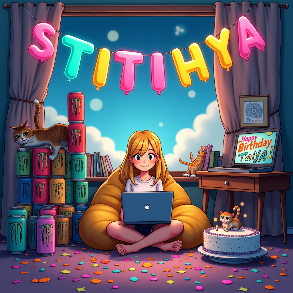 Introvert blonde girl using laptop with lots of monster drinks and a tabby cat Birthday Card