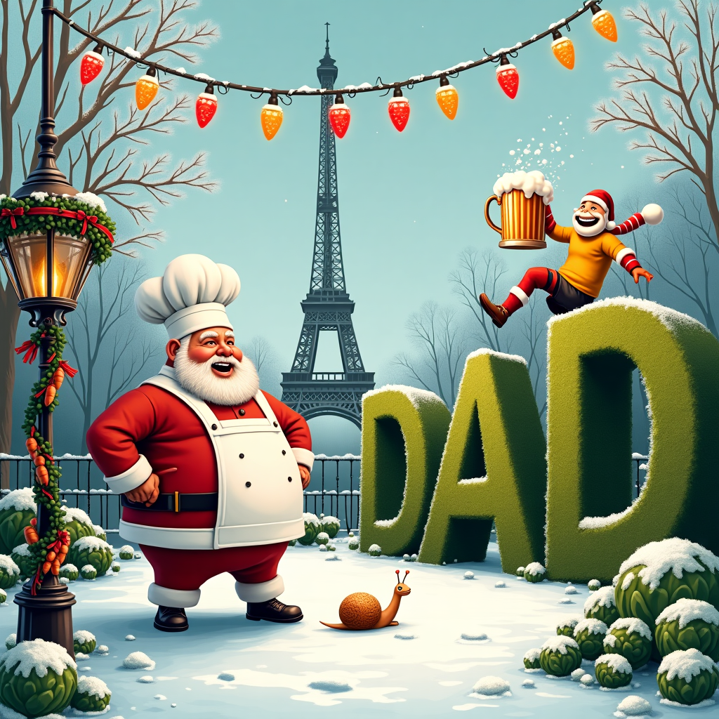 In the vibrant scene set against a snowy Parisian garden backdrop, where the iconic Eiffel Tower peeks through snow-laden trees, a whimsical story unfolds. At the center, a portly French chef, donned in a classic white apron and toque, stands with a mischievous grin. He's just released an exuberant "fart" that propels him a few inches off the ground. This gust of flatulence sends his chef’s hat flying skyward, revealing a flutter of mistletoe above his head, setting the scene's humorous tone.

To his left, a jovial Santa Claus, dressed in Wolverhampton Wanderers football gear—complete with golden jersey and black shorts—joyfully kicks a football through the air, aiming it toward an oversized beer stein that sits precariously on a nearby garden table. The beer stein is overflowing with frothy, amber liquid, and a red and green striped straw playfully extends from it, adding a touch of Christmas cheer.

In the background, neatly trimmed hedges form the shape of the word "Dad," expertly crafted in topiary style, ensuring that Dad's presence is a central part of the scene. The hedges are dusted with snow, adding a festive touch. Tiny Christmas lights twinkle amidst the leaves, casting a warm glow.

Hovering above the scene, a string of colorful Christmas lights stretches across the sky, with each bulb shaped like a different iconic French pastry. The lights are strung from the spire of the Eiffel Tower to a lamppost decorated with festive wreaths.

The entire garden is bordered by a wrought-iron fence adorned with holly and ribbons, and the ground is dotted with patches of snow-covered carrots and cabbages—nods to the gardening theme. A curious little snail, sporting a miniature Wolverhampton Wanderers scarf, peeks out from behind a cabbage leaf, adding another layer of humor and detail.

This lively and intricately detailed scene, bursting with unique elements from each theme, creates a humorous and festive greeting card cover sure to delight Dad.
Generated with these themes: France, Gardening, Wolverhampton wanderers football , Chef, Farting, and Beer.
Made with ❤️ by AI.