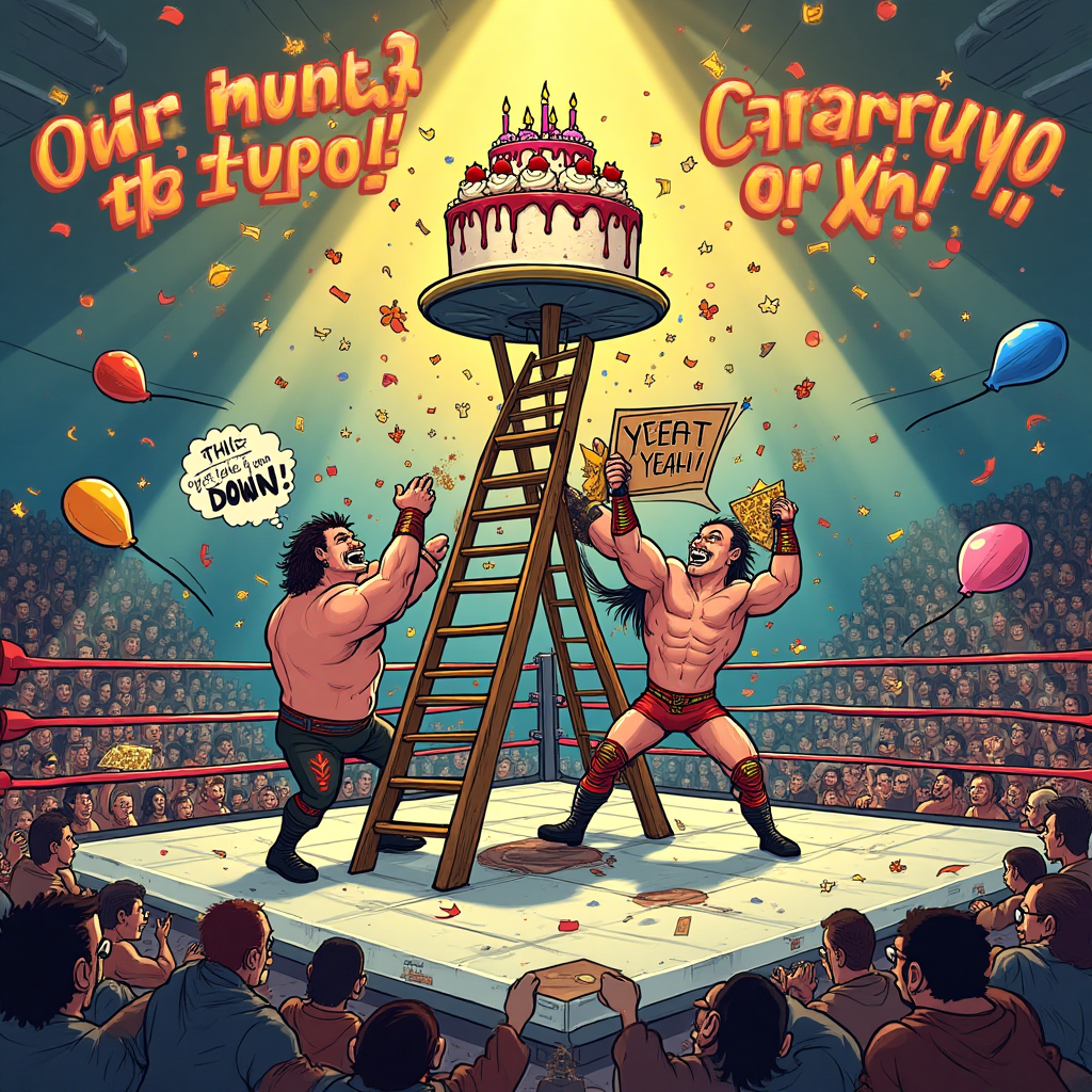 Wrestling, cage match, cake, ladders, chairs, RKO, YEET, YEAH, and Birthday Card