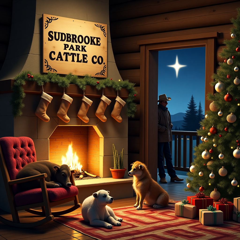 Cows , cowboys , fireplace , christmas tree , gifts , spurs , star, and Cattle dog , sleepy calf Christmas Card
