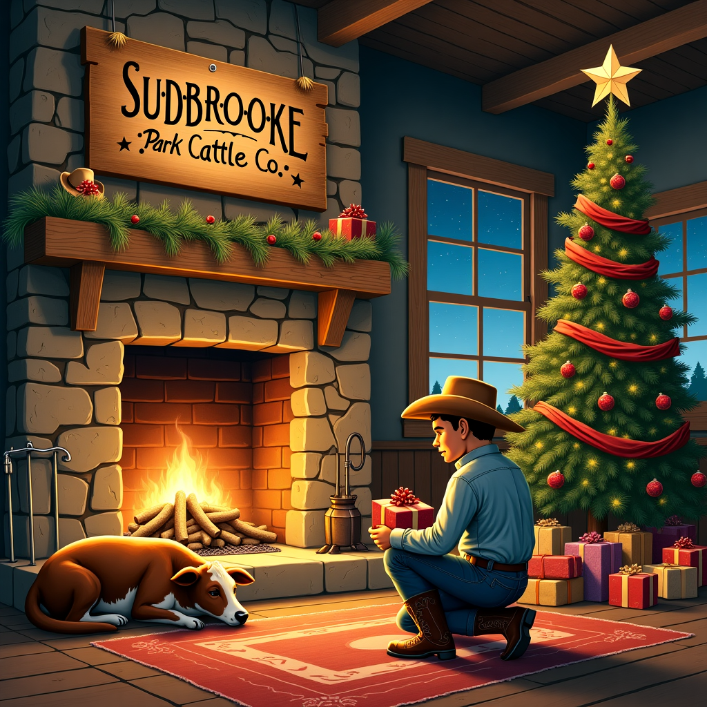 In a cozy, rustic ranch setting, the illustration unfolds in a warmly-lit room where a crackling stone fireplace casts dancing shadows across the wooden floor. Above the mantel, an old cowboy hat hangs on a peg, and beside it, a pair of polished spurs glisten subtly in the firelight. A grand Christmas tree stands in the corner, adorned with red bandanas as garlands, small lassos for ornaments, and a shimmering star atop that mirrors the twinkle of the clear night sky seen through the nearby window. Beneath the tree, an array of gifts is wrapped in burlap and twine, hinting at cowboy treasures within. Resting on a plush rug by the hearth is a sleepy calf, its eyes half-closed, while a loyal cattle dog snoozes contentedly beside it, ears twitching occasionally at the fireplace's warmth. 

In the center of the room, a rugged cowboy kneels, one hand gently stroking the calf, the other holding a brightly wrapped gift. His boots, with worn leather and silver spurs, speak of many trails traveled. Overhead, a rustic wooden banner is suspended from the ceiling beams, intricately carved with the name "SUDBROOKE Park Cattle Co" in a whimsical script, intertwined with decorative stars and cattle brands. The scene invites the viewer into a harmonious blend of cowboy life and festive cheer, every detail narrating a story of tradition and celebration.
Generated with these themes: Cows , cowboys , fireplace , christmas tree , gifts , spurs , star, and Cattle dog , sleepy calf .
Made with ❤️ by AI.